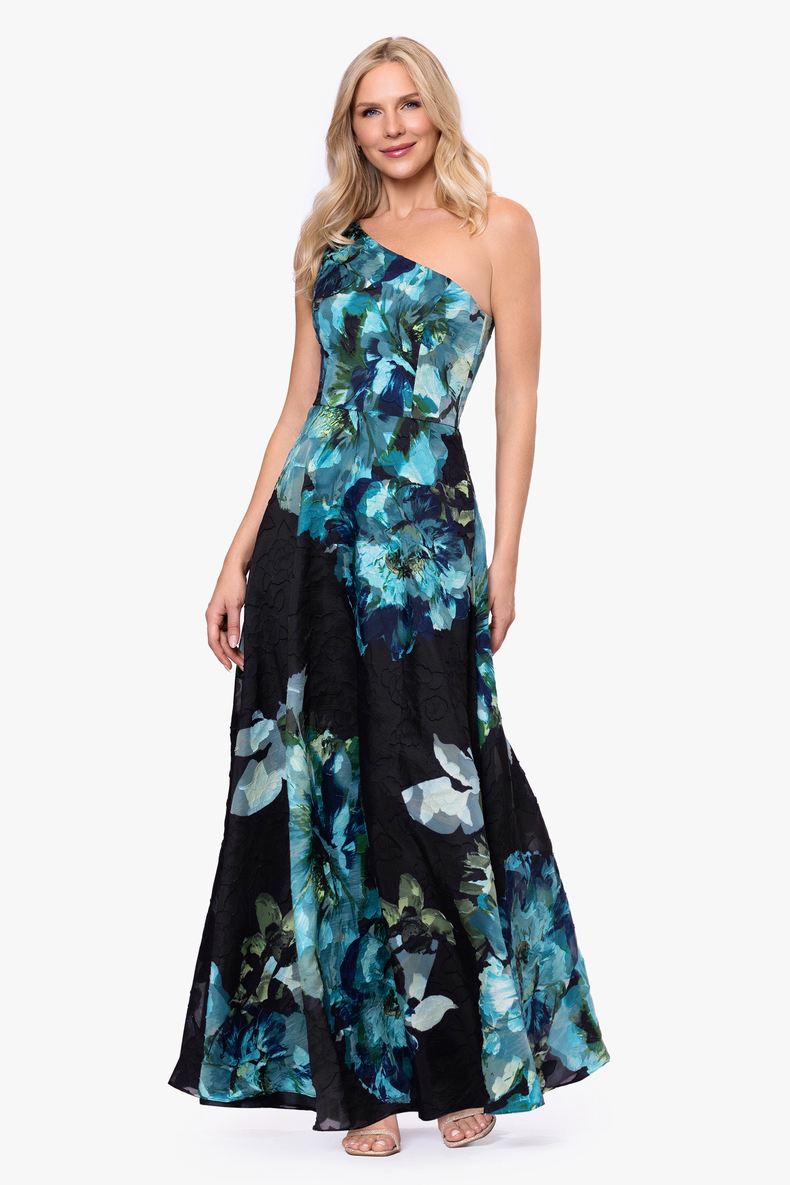 "Carli" Organza Jacquard Burnout One Shoulder Floor Length Dress