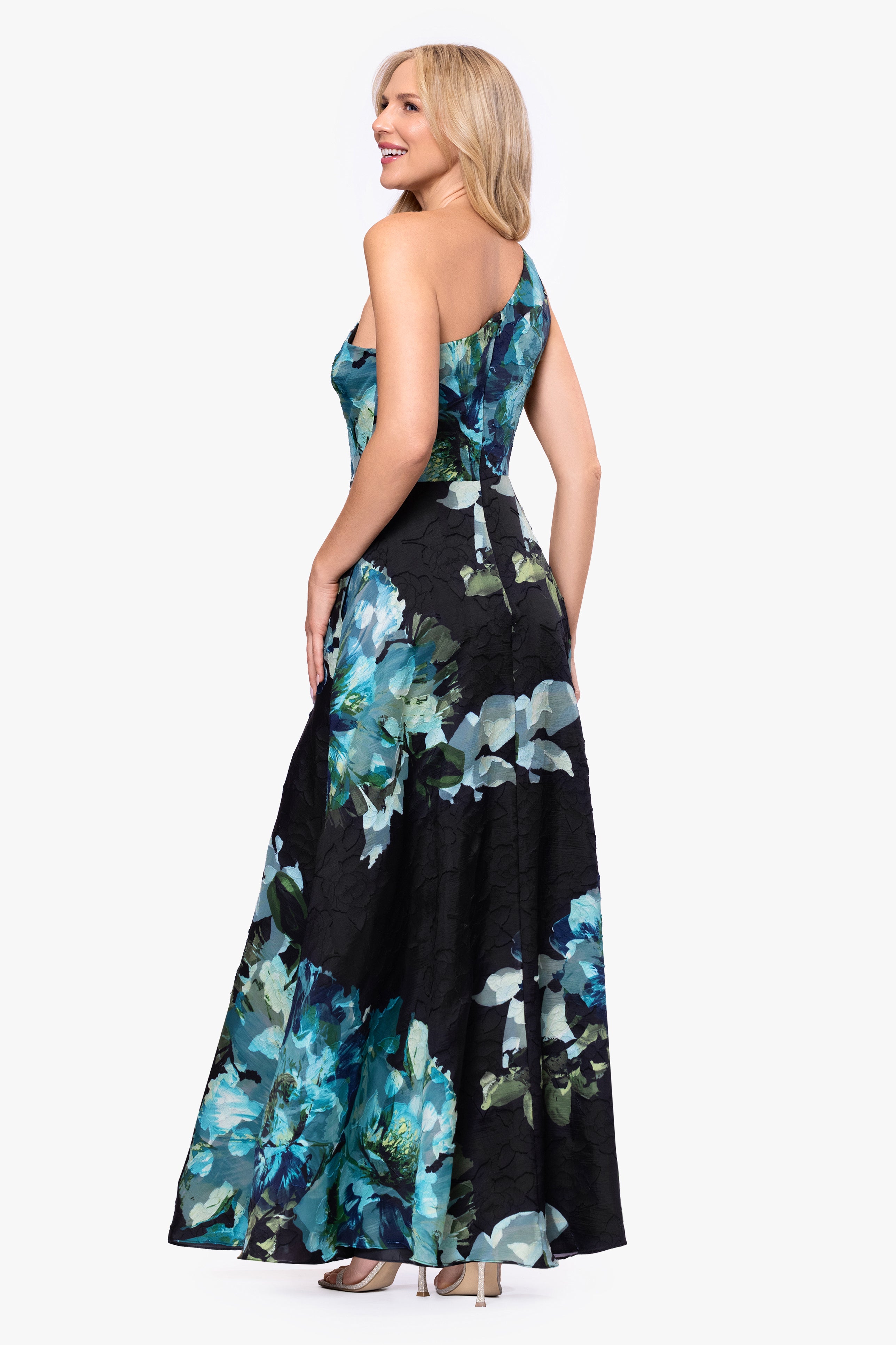Petite "Carli" Organza Jacquard Burnout One Shoulder Floor Length Dress