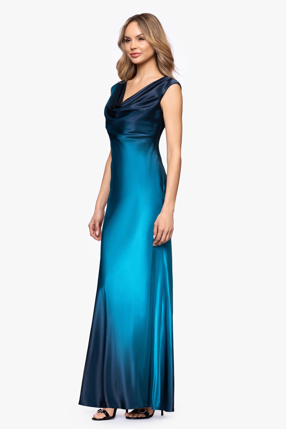 Petite "Annika" Ombre Satin Drape Neck Dress