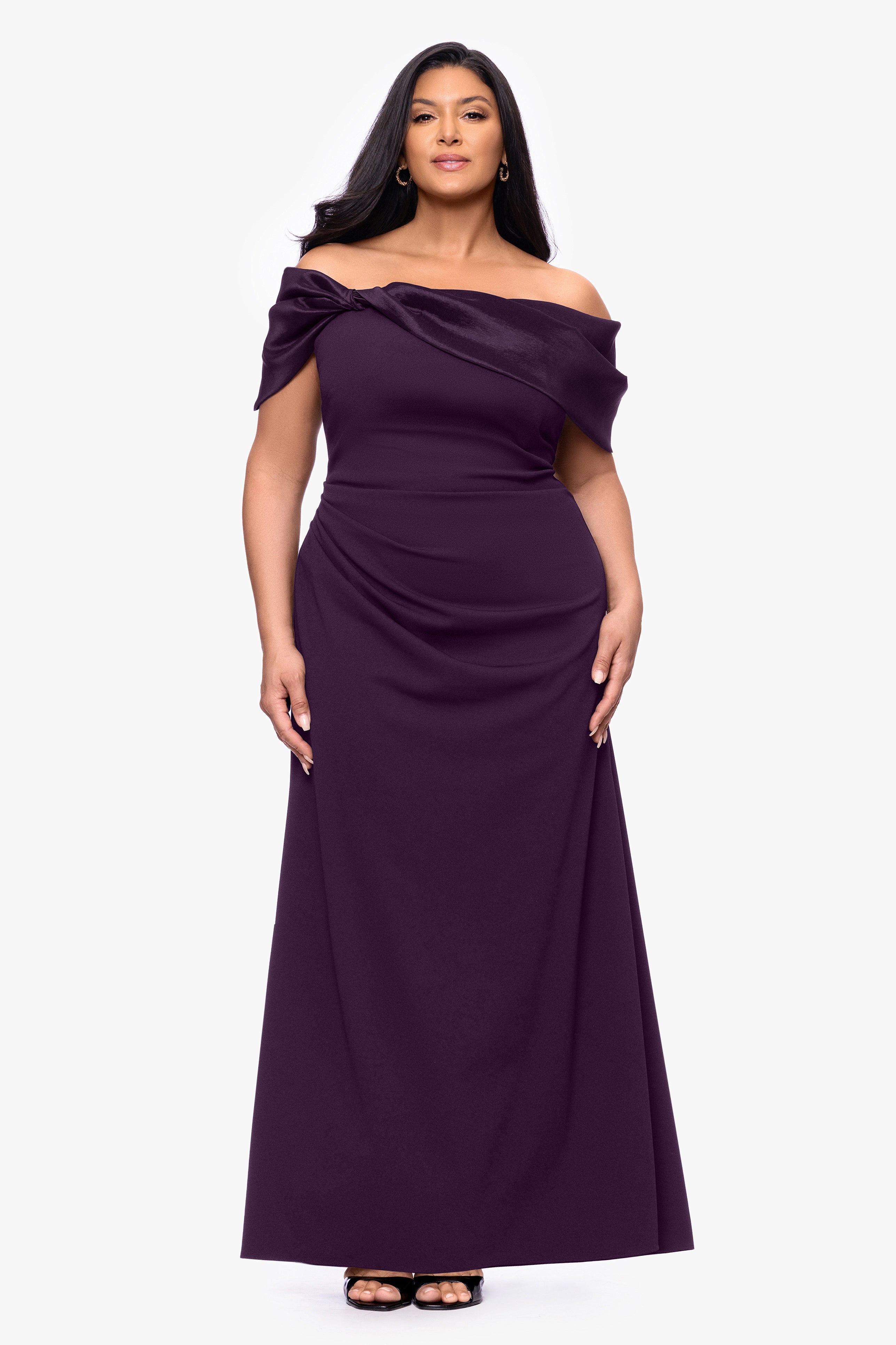 Plus "Monica" Scuba Crepe Off the Shoulder Taffeta Trim Ruch Floor Length Dress