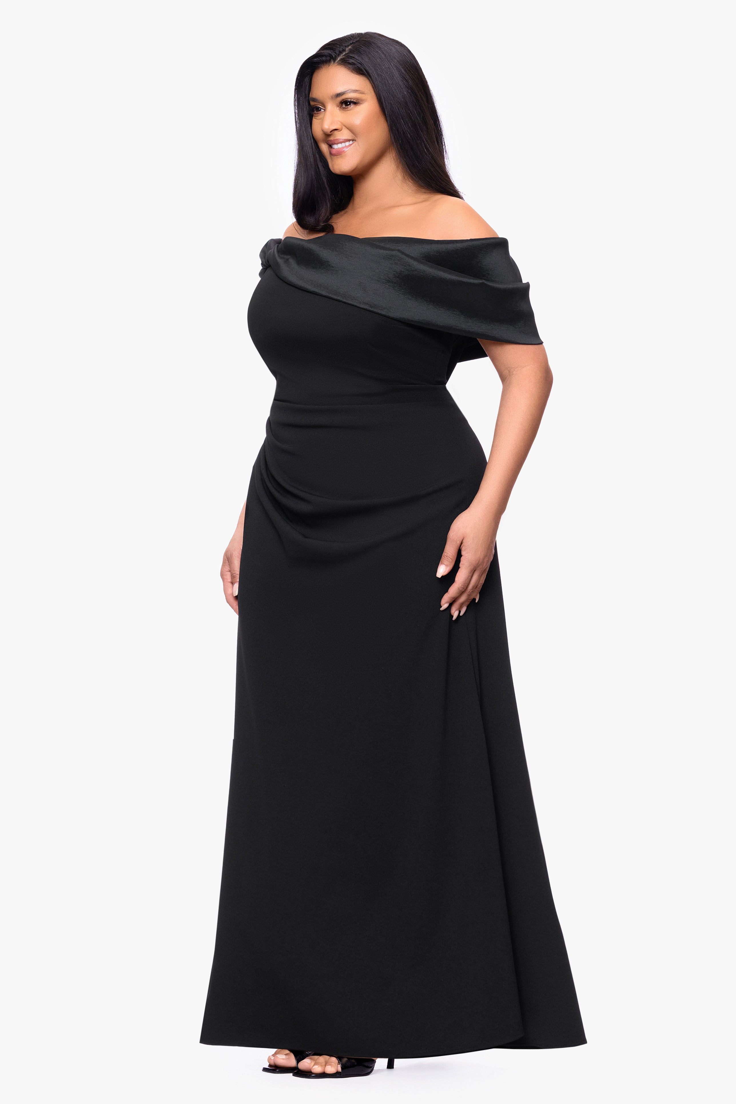 "Monica" Plus Scuba Crepe & Taffeta Trim Ruched Dress