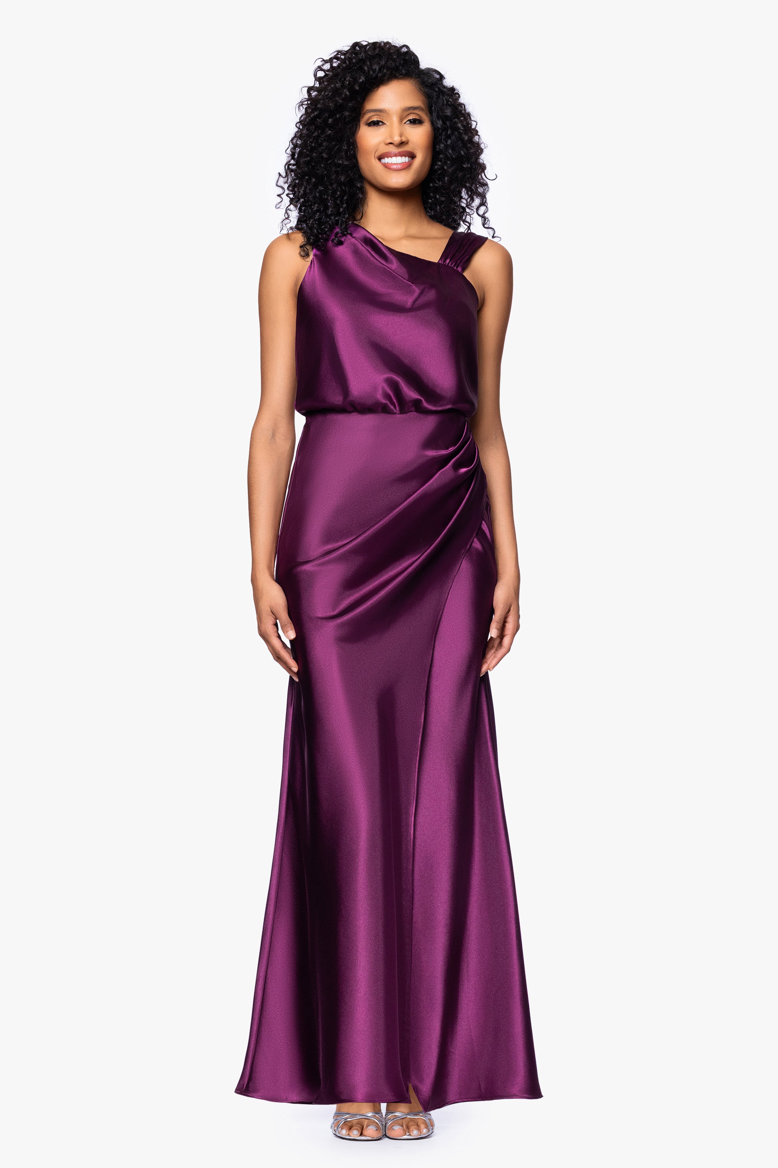"Melody" Satin Rouched Strap Floor Length Dress