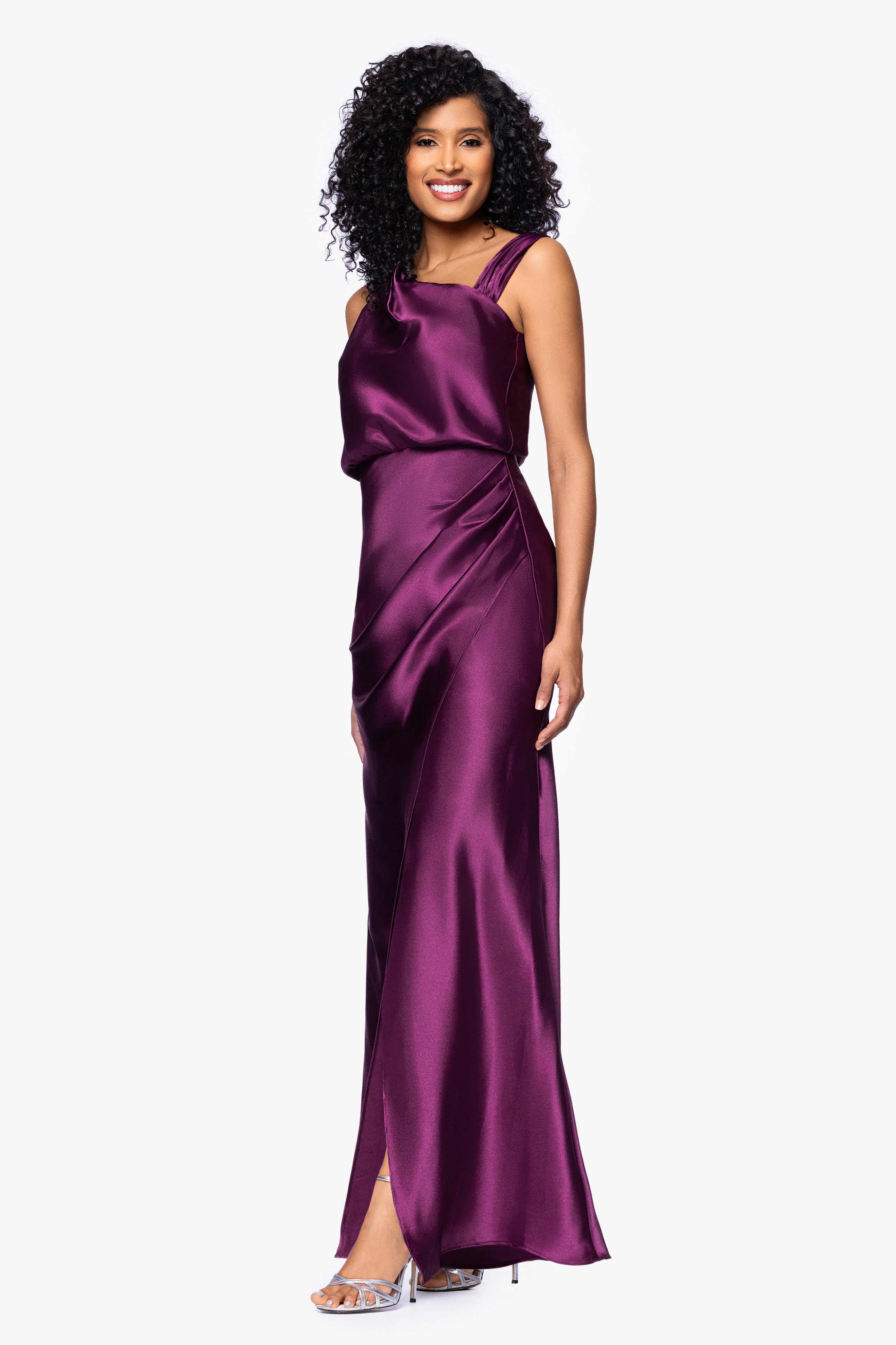 "Melody" Satin Rouched Strap Floor Length Dress