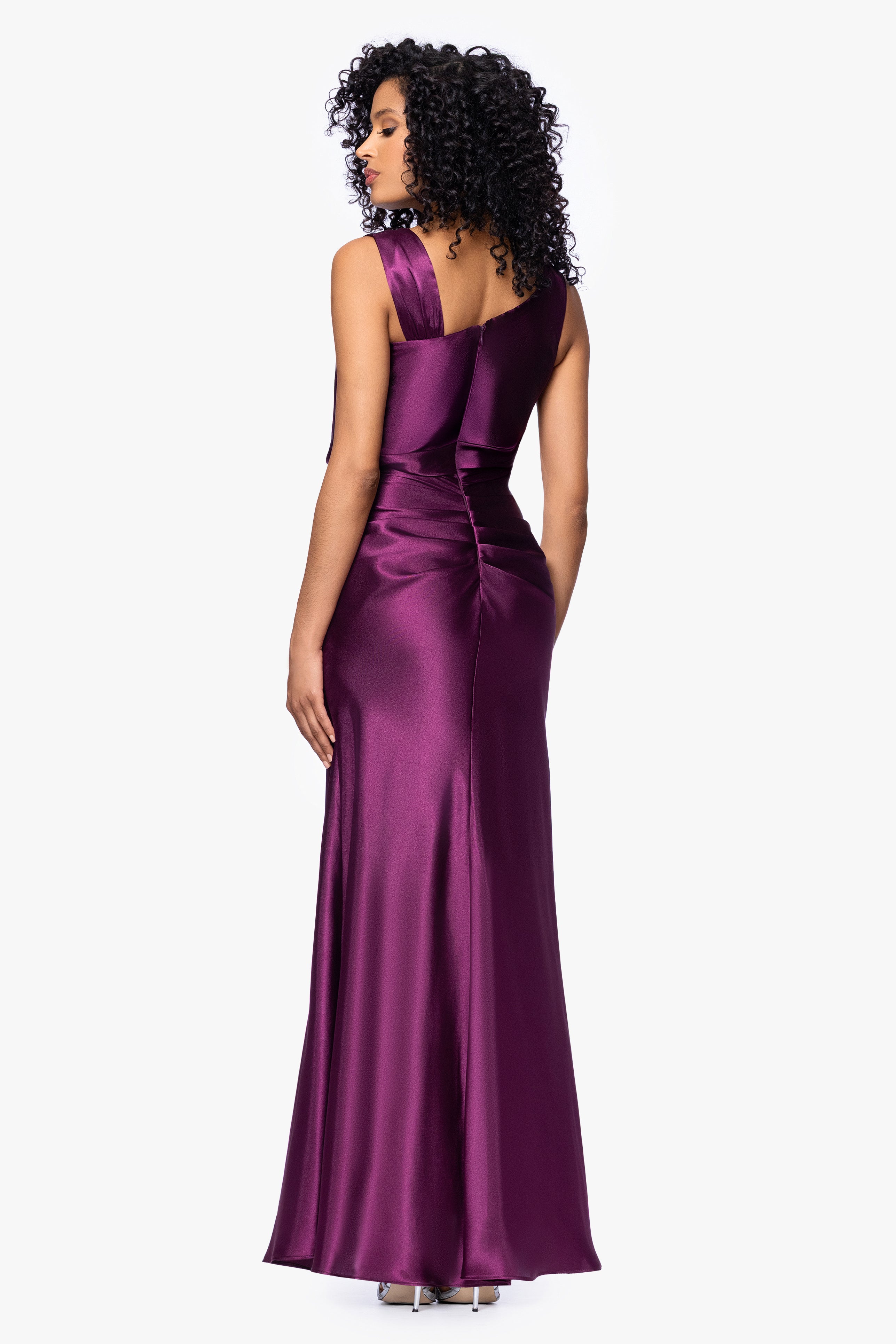 "Melody" Satin Rouched Strap Floor Length Dress