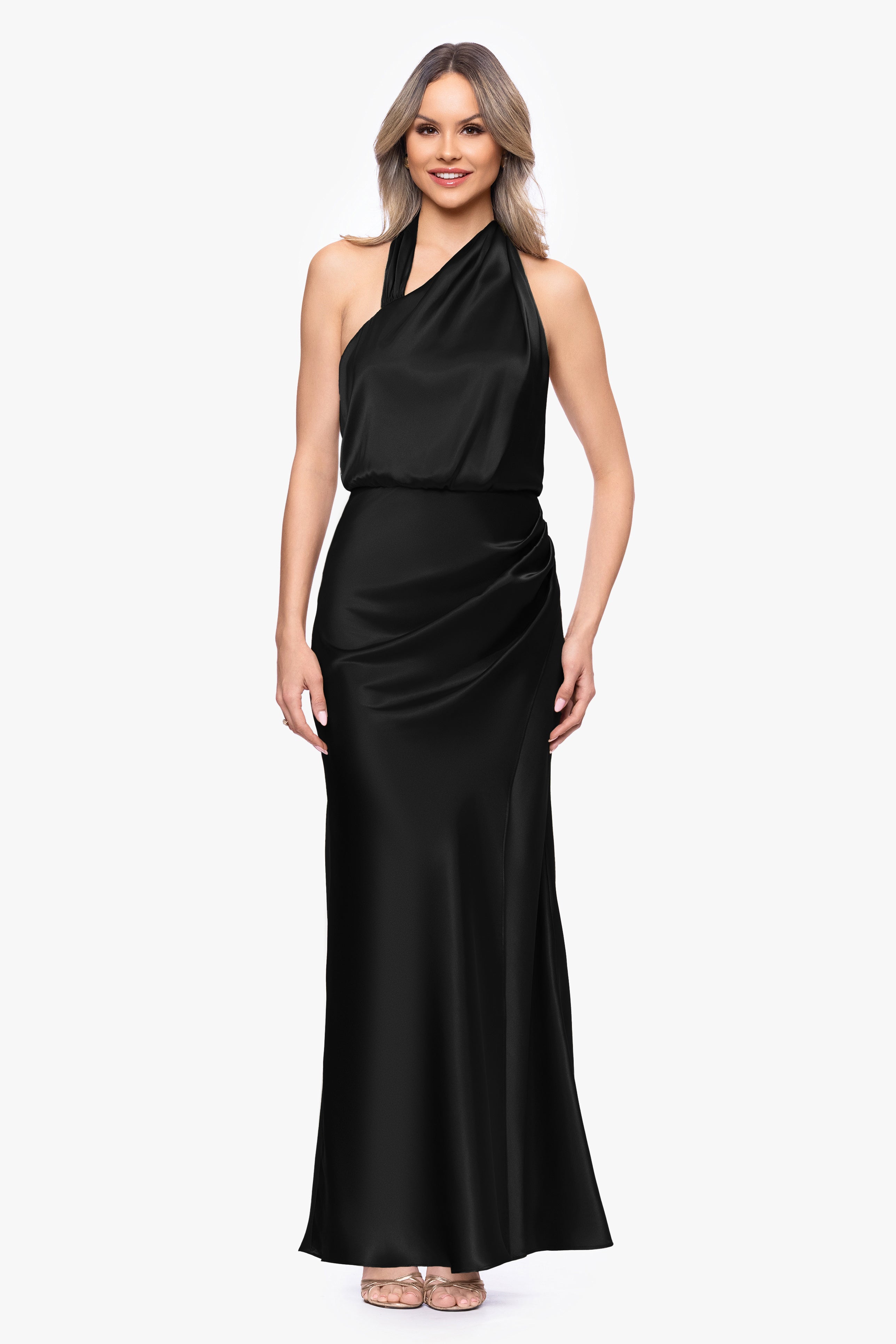 "Willow" Satin Halter Asymmetrical Floor Length Dress
