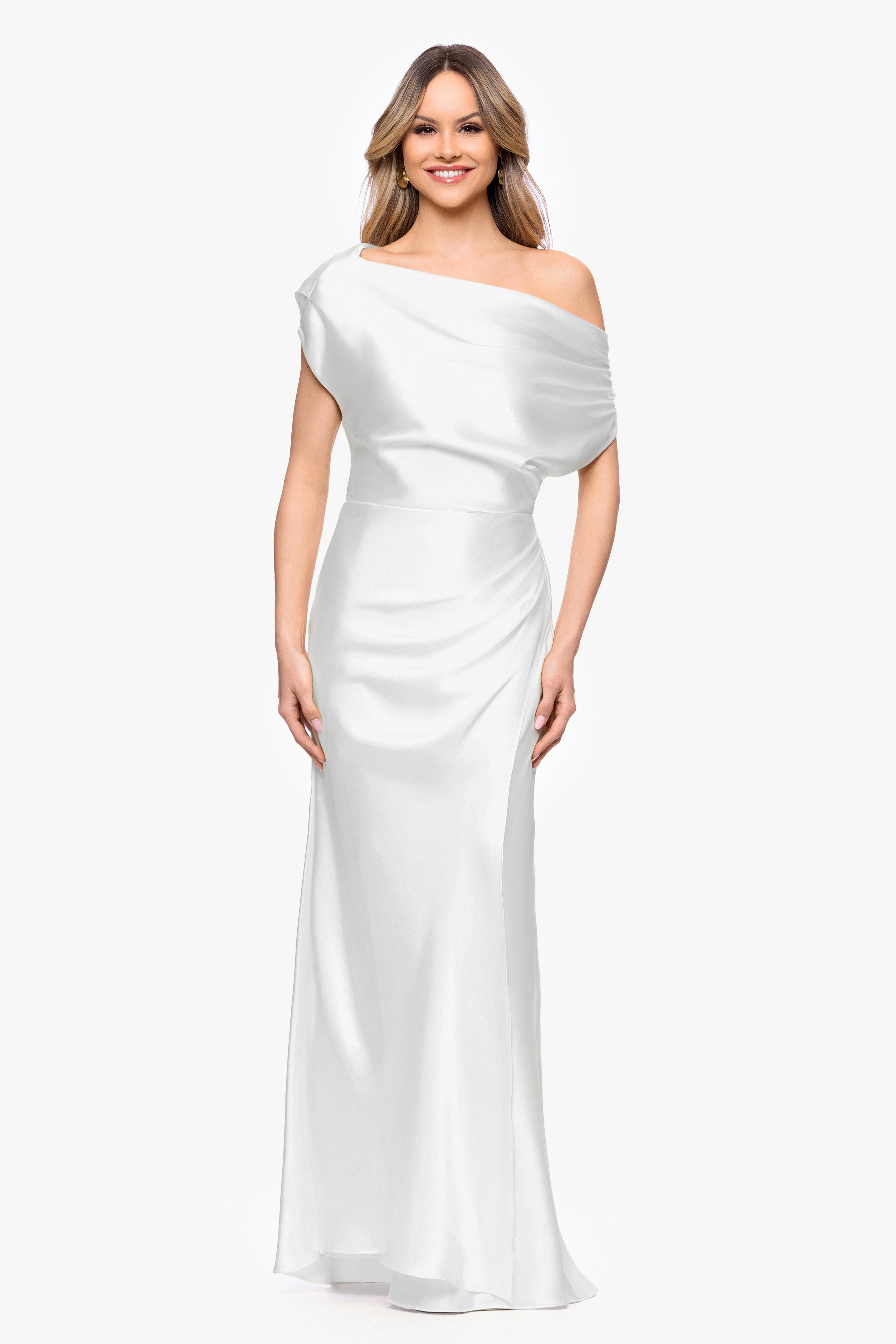 "Sofia" Satin Drop Shoulder Floor Length Dress