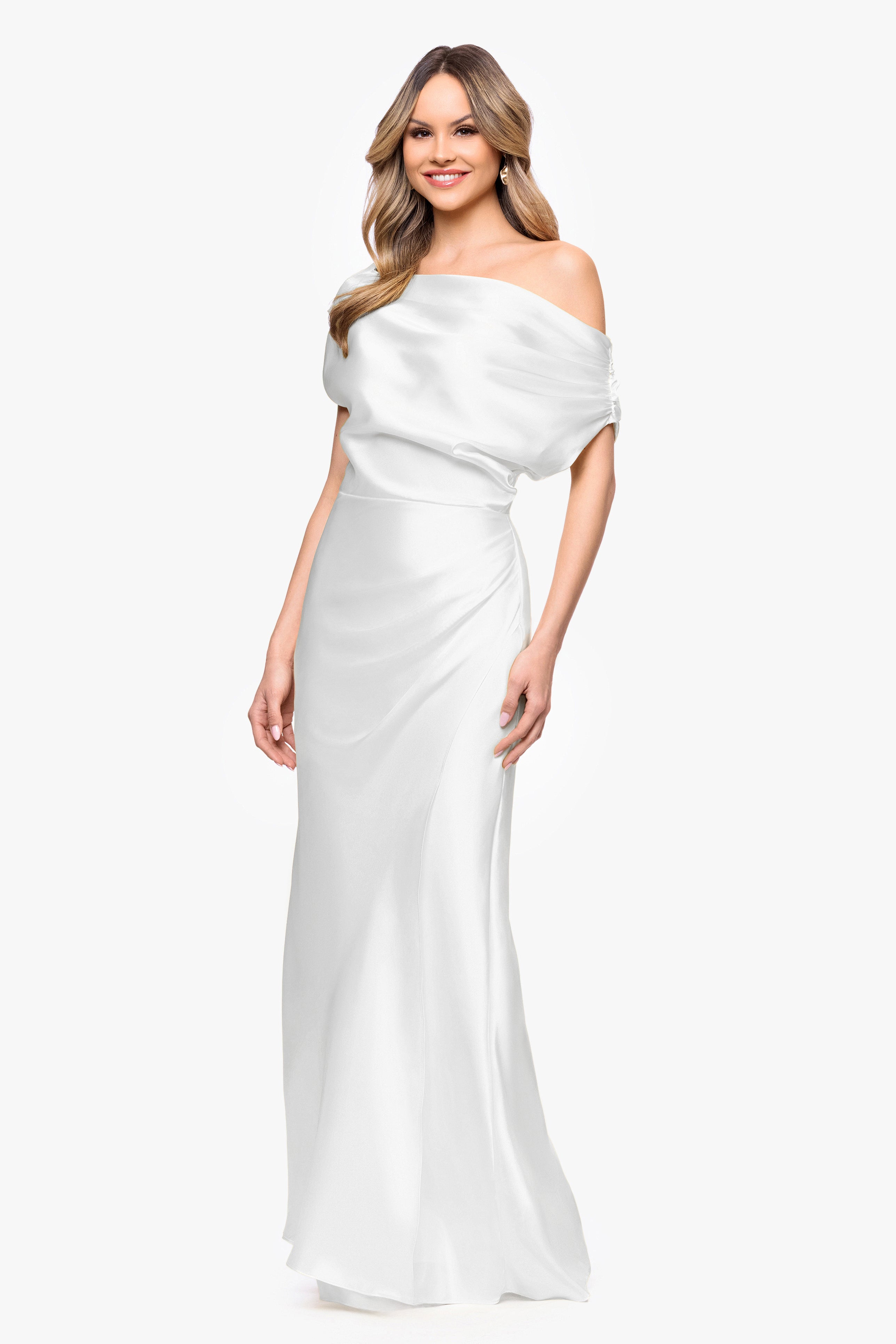 "Sofia" Satin Drop Shoulder Floor Length Dress