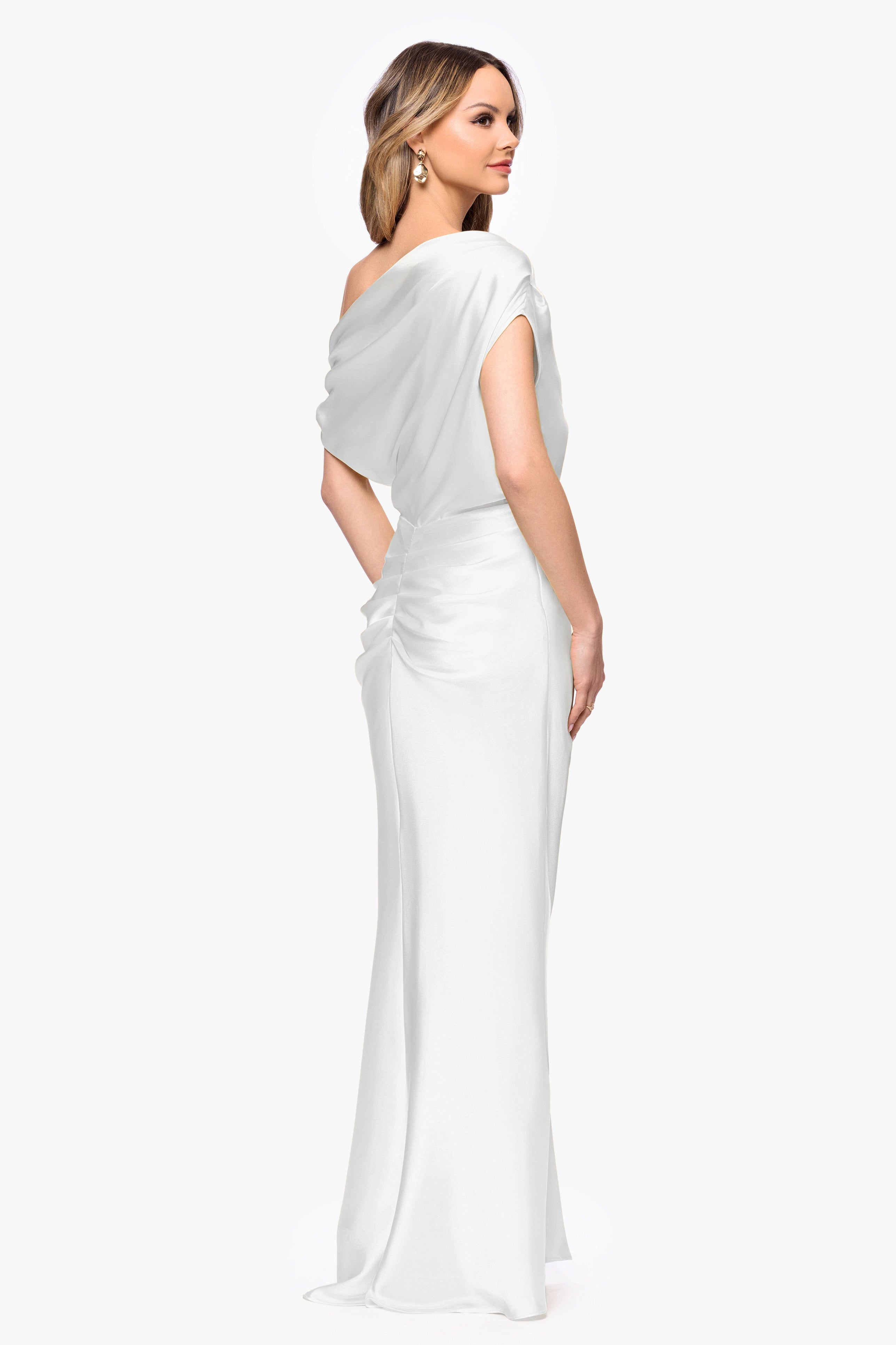 "Sofia" Satin Drop Shoulder Floor Length Dress