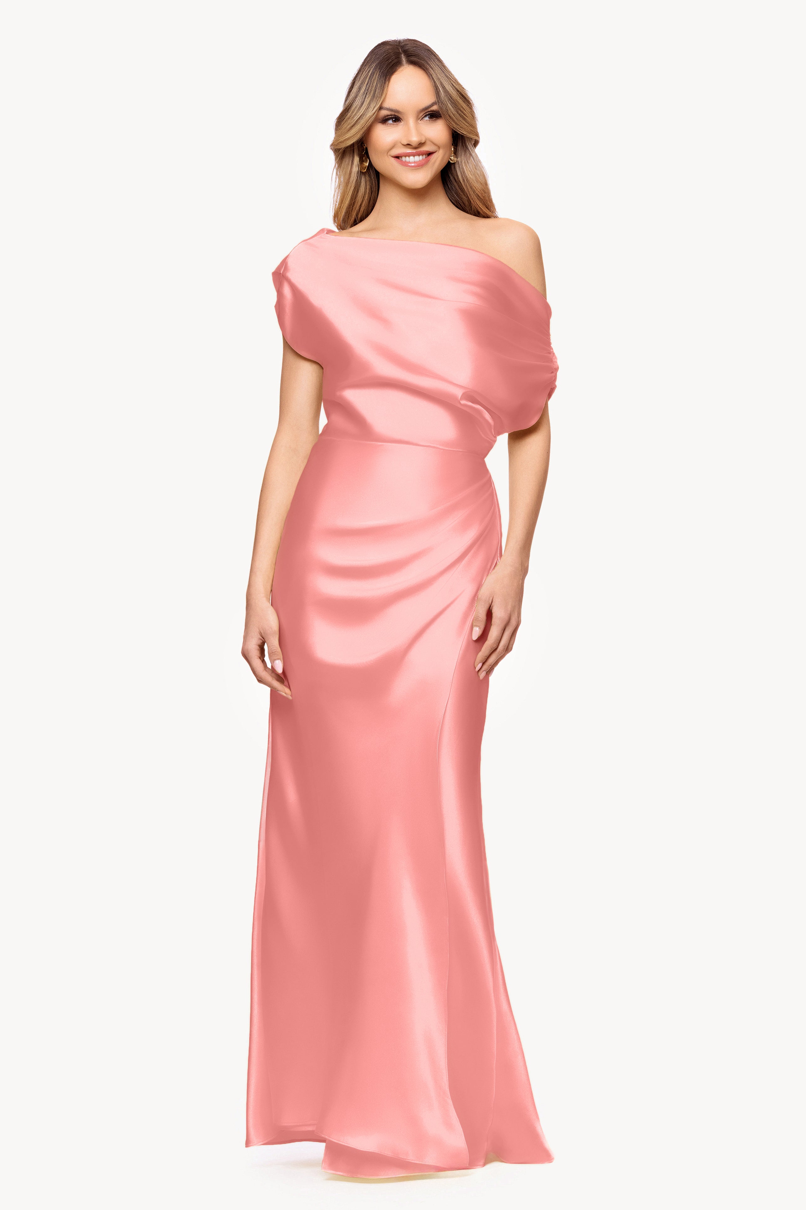 "Sofia" Satin Drop Shoulder Floor Length Dress