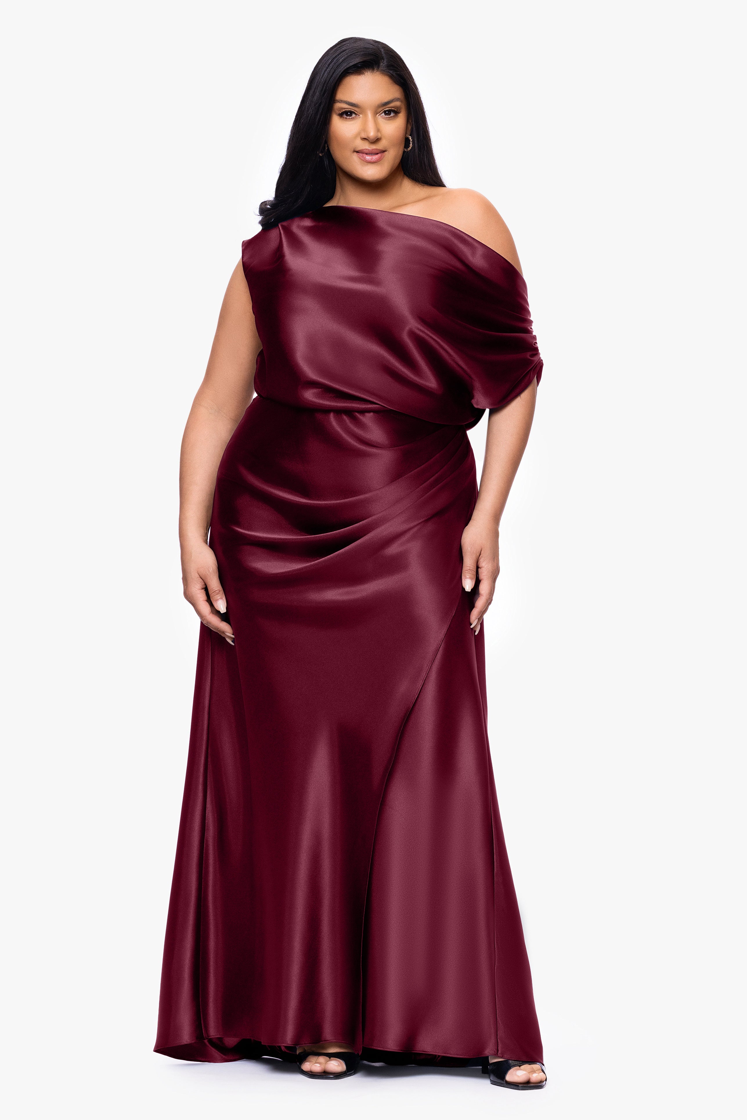 Plus "Sofia" Satin Drop Shoulder Floor Length Dress