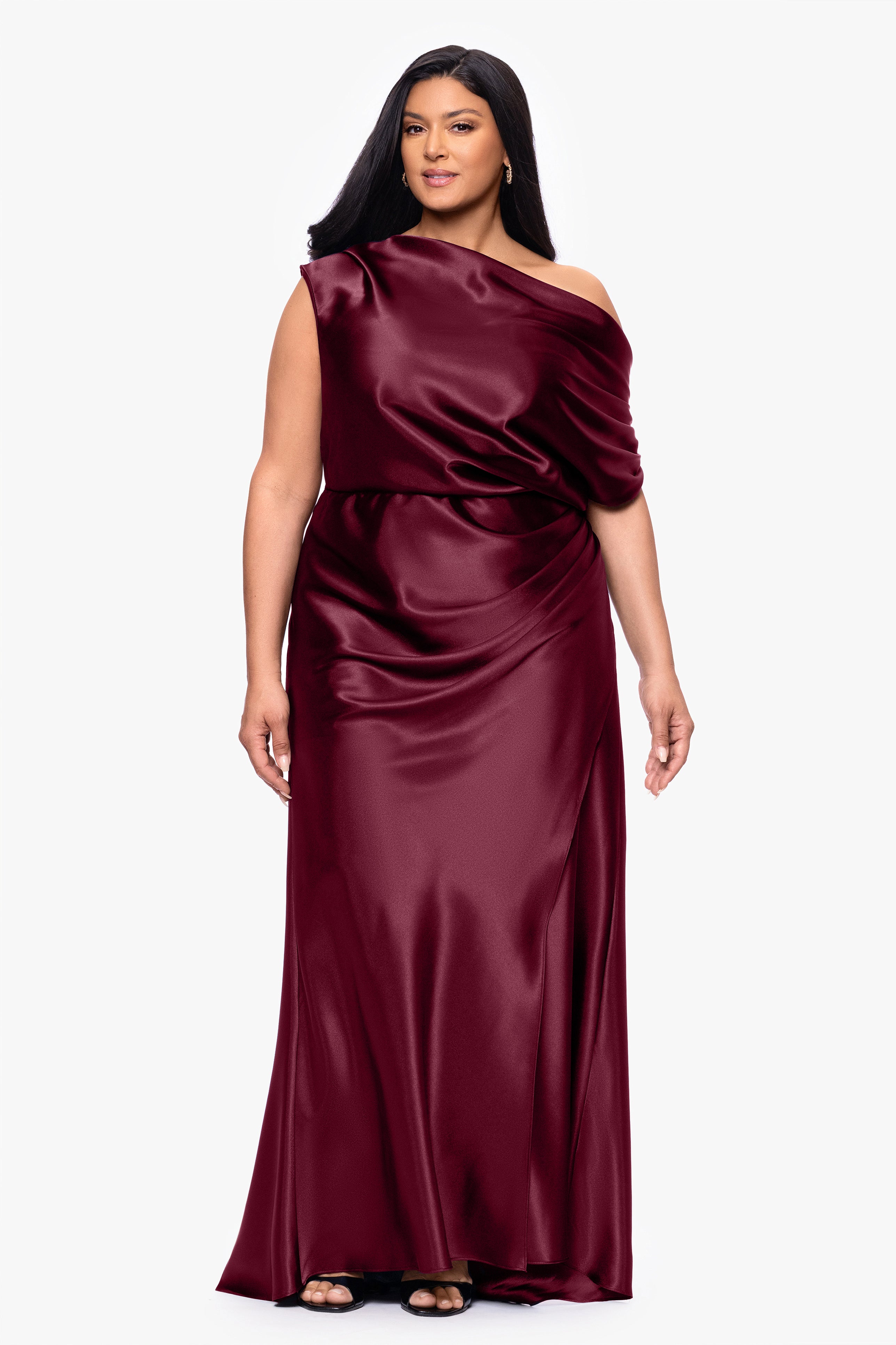 Plus "Sofia" Satin Drop Shoulder Floor Length Dress