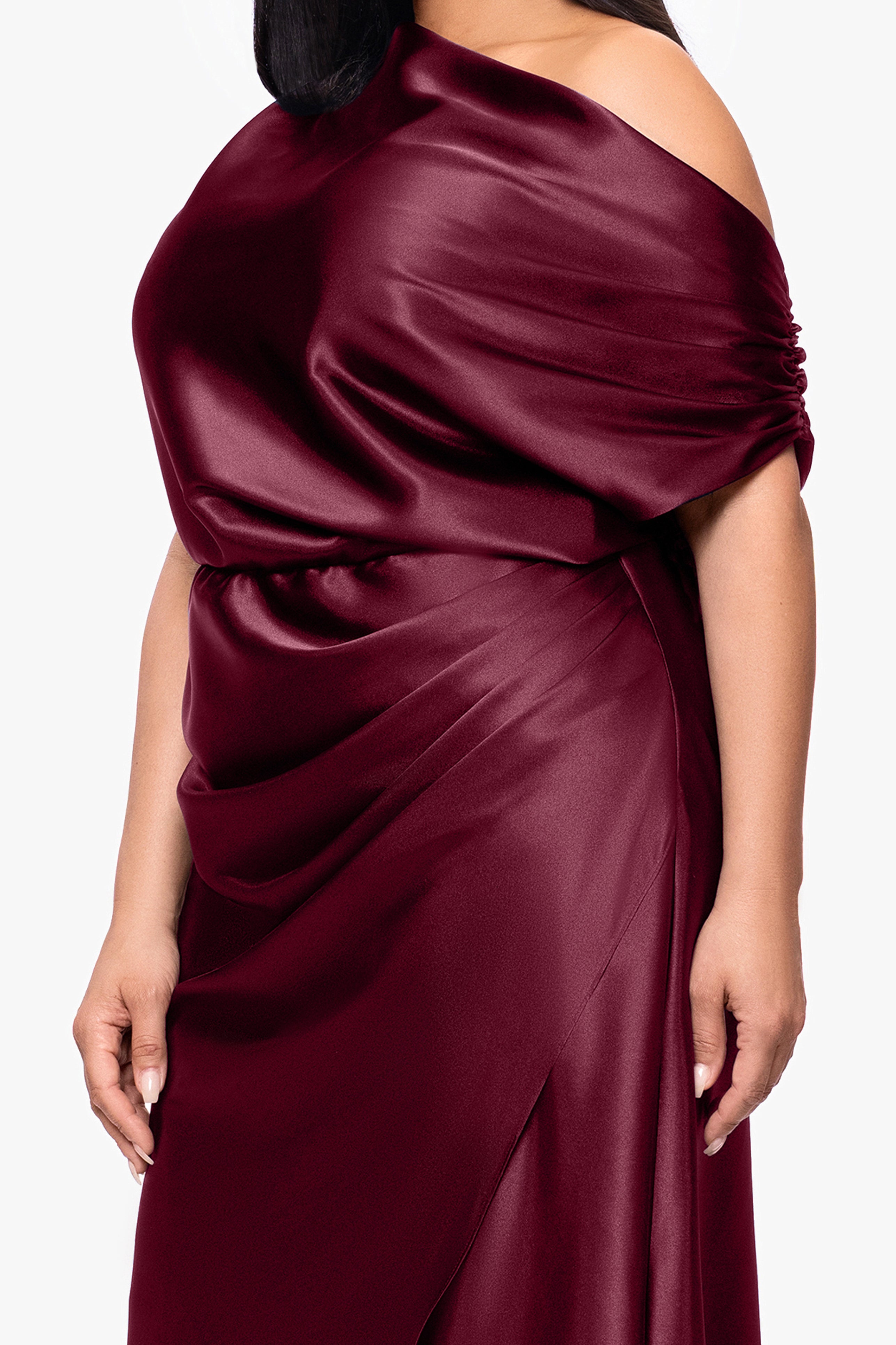 Plus "Sofia" Satin Drop Shoulder Floor Length Dress