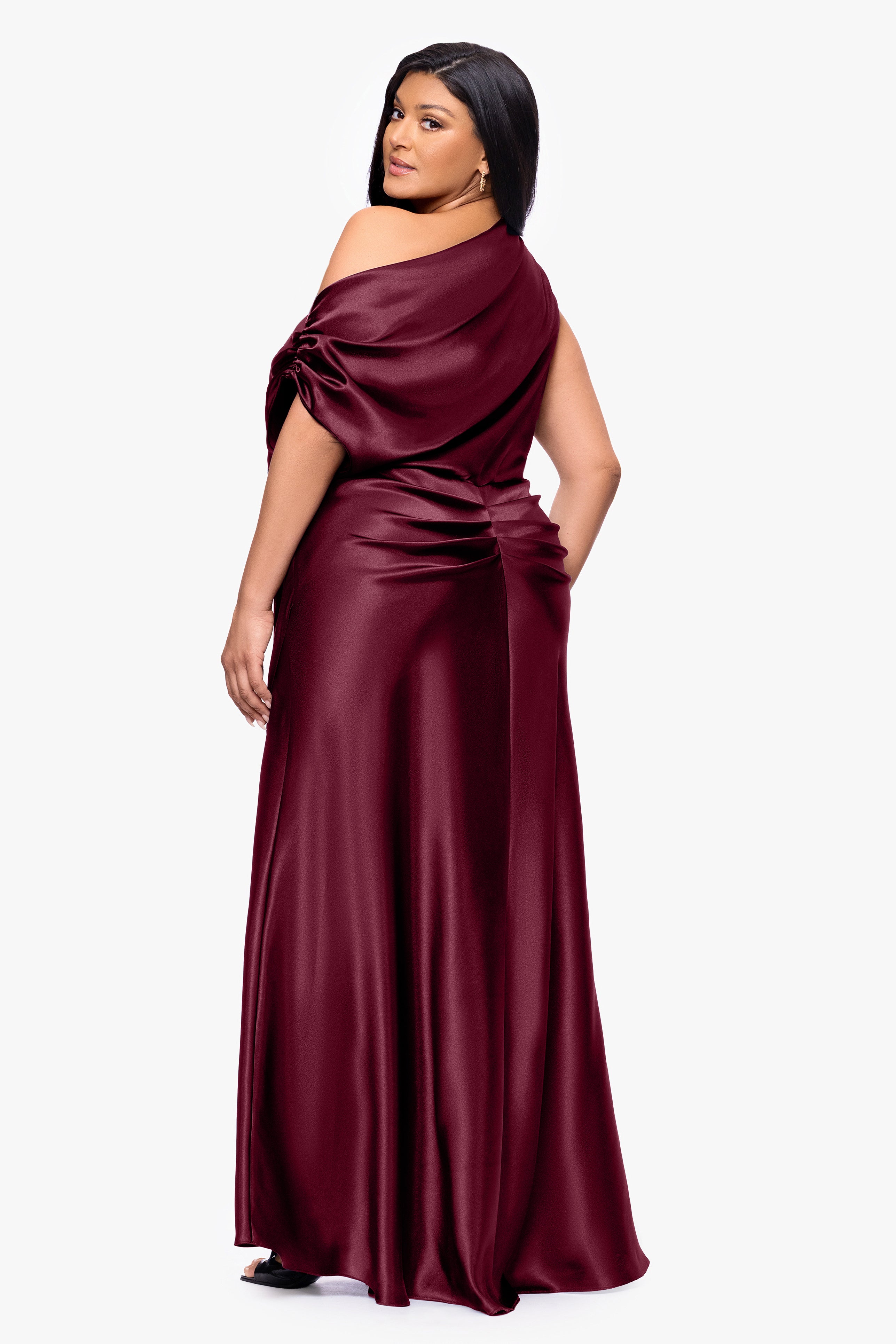 Plus "Sofia" Satin Drop Shoulder Floor Length Dress