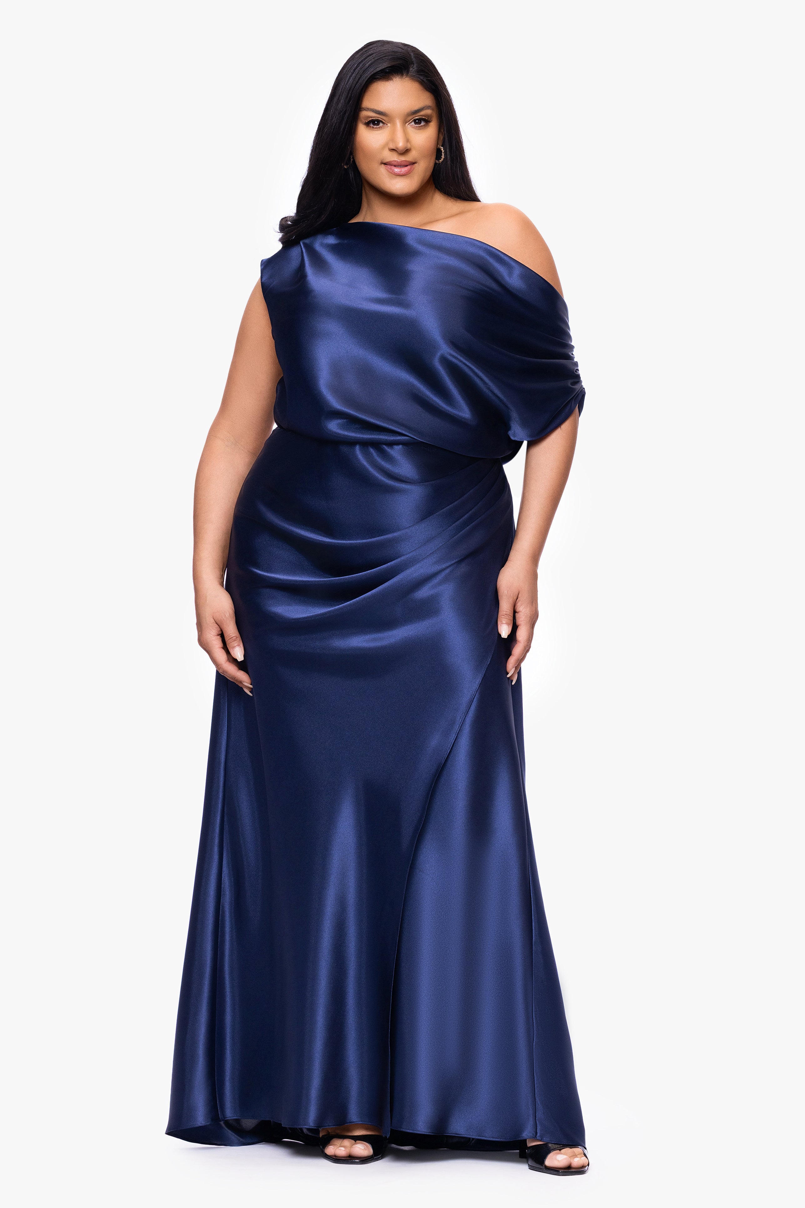 Plus "Sofia" Satin Drop Shoulder Floor Length Dress