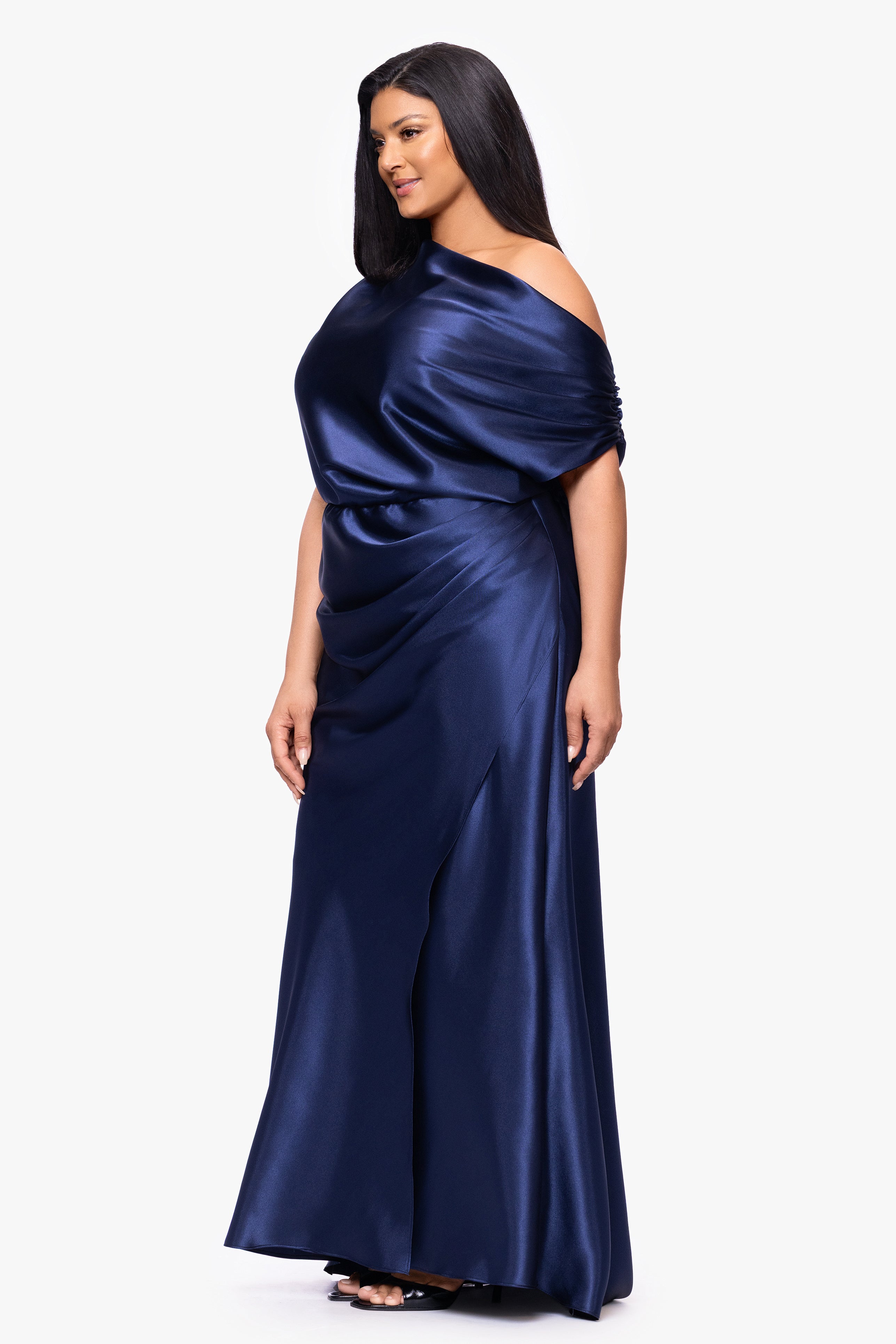 Plus "Sofia" Satin Drop Shoulder Floor Length Dress