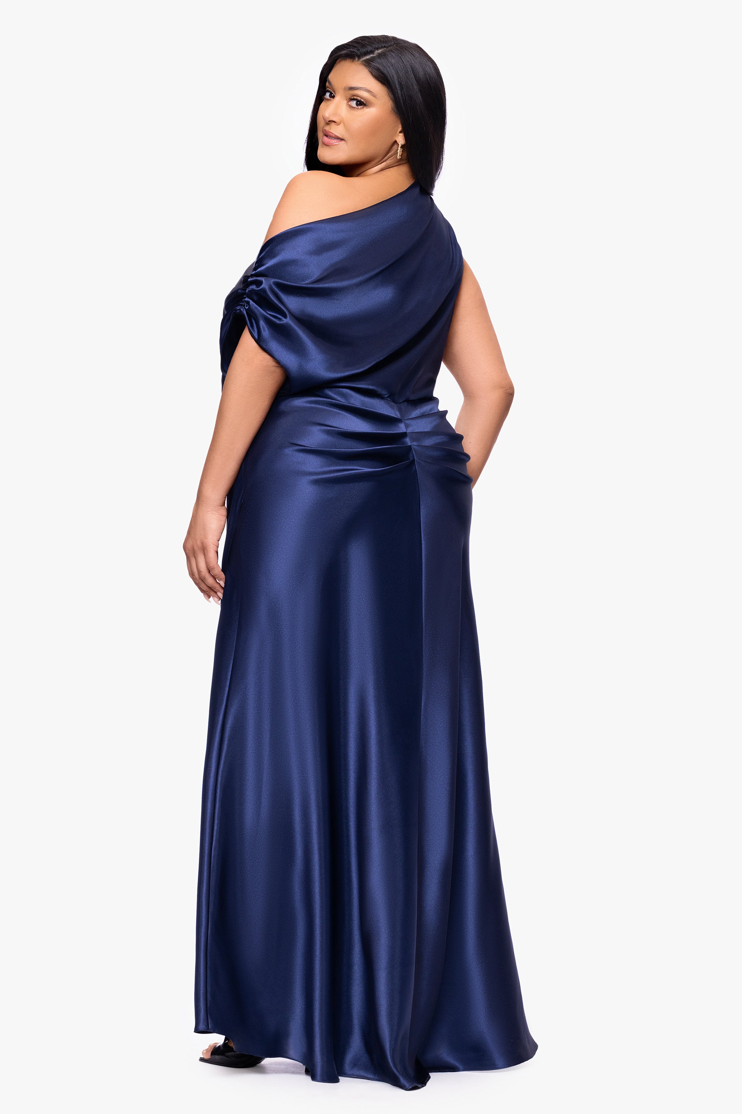 Plus "Sofia" Satin Drop Shoulder Floor Length Dress