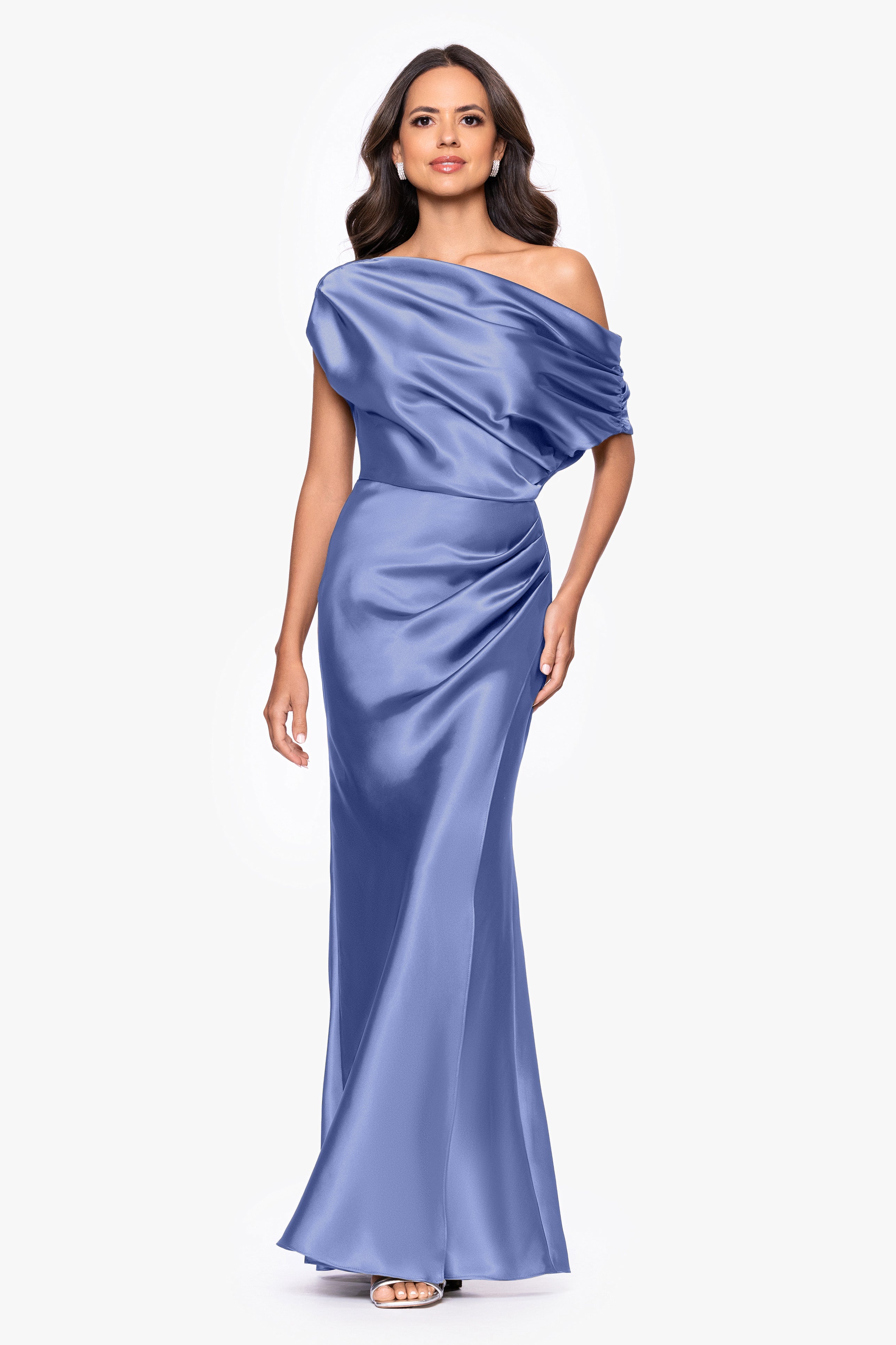 "Sofia" Satin Drop Shoulder Floor Length Dress