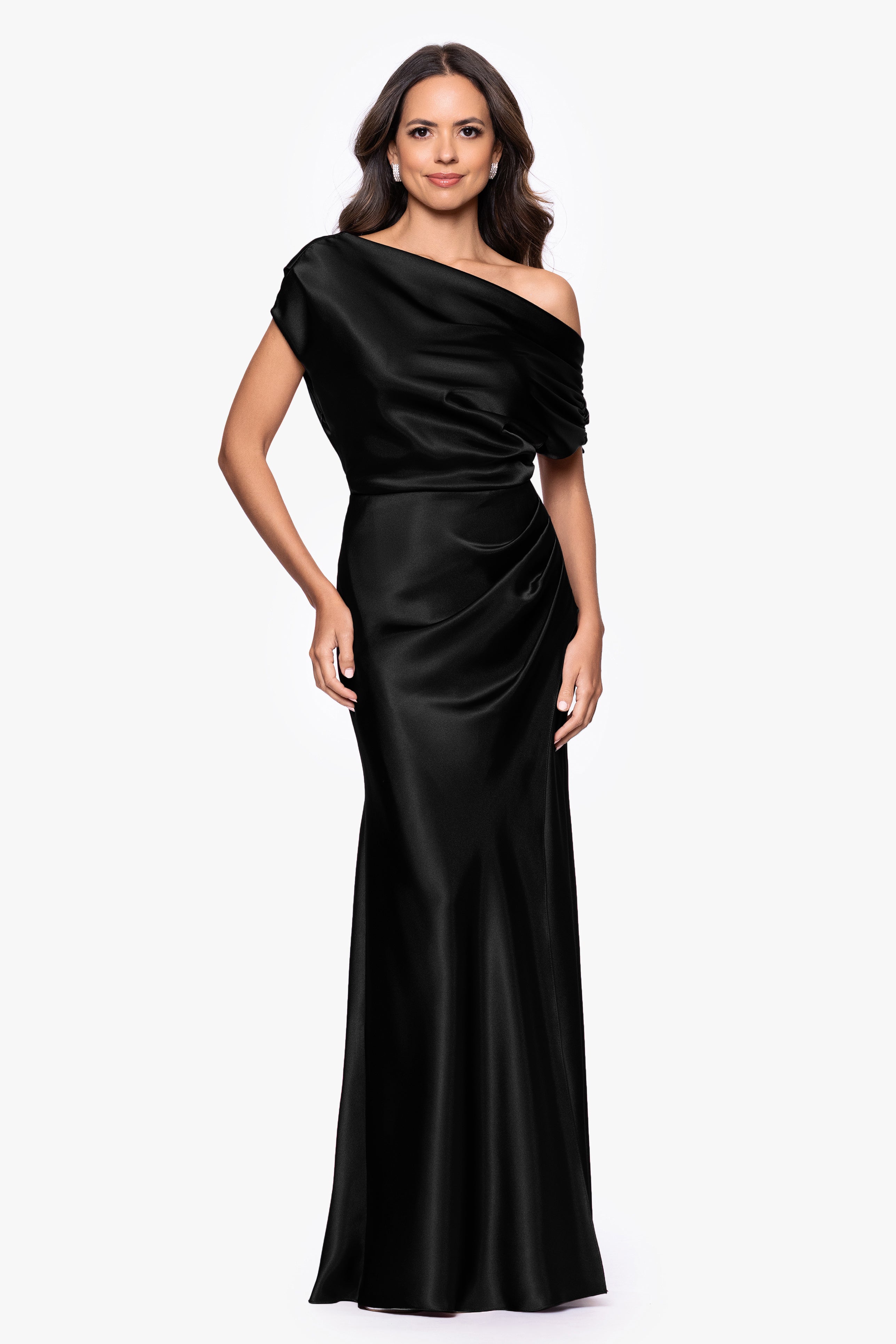 "Sofia" Satin Drop Shoulder Floor Length Dress