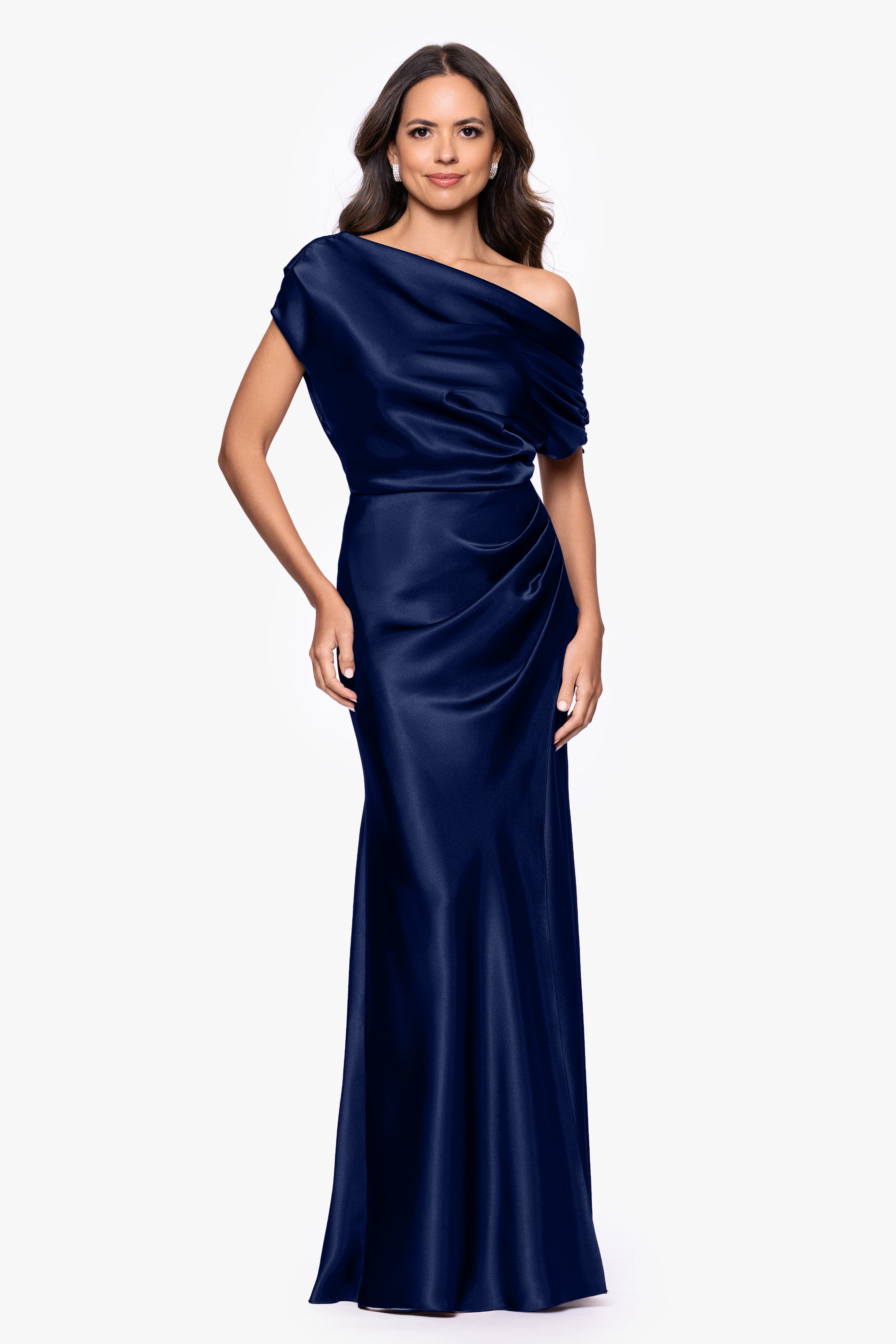 Petite "Sofia" Satin Drop Shoulder Floor Length Dress