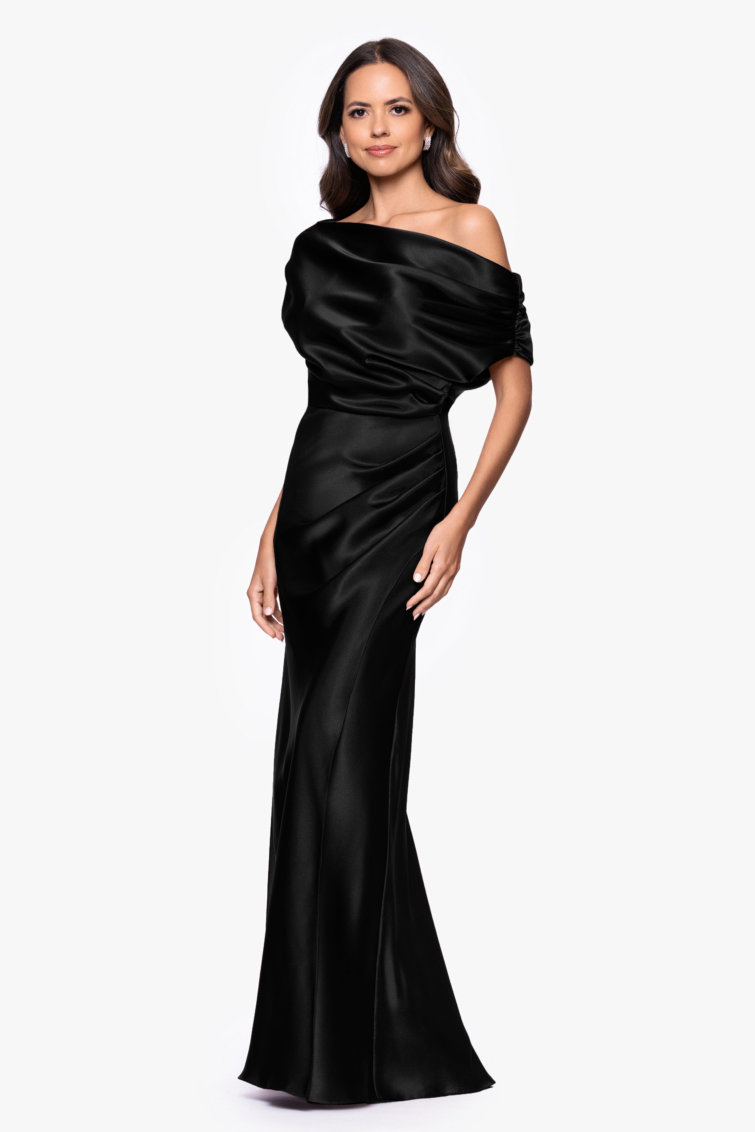Petite "Sofia" Satin Drop Shoulder Floor Length Dress