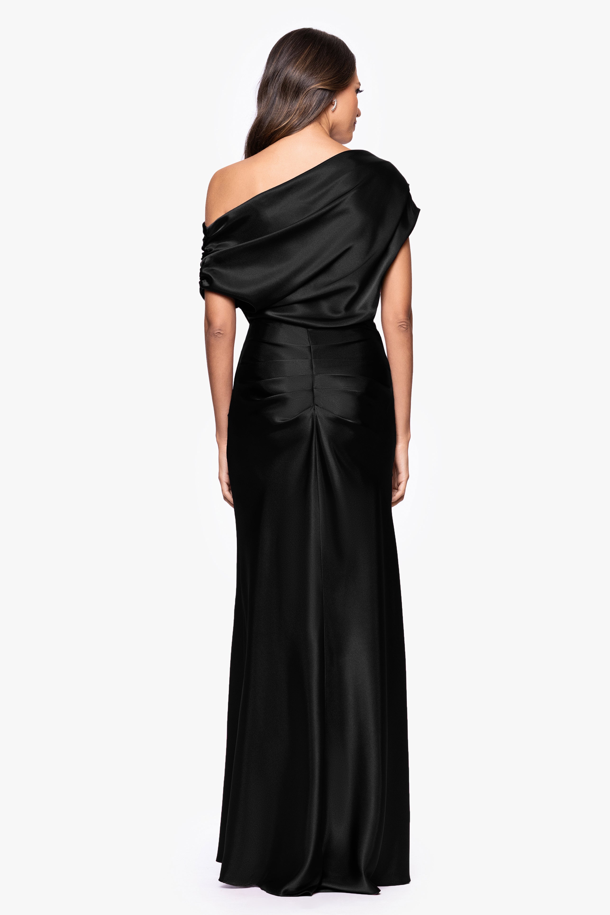 Petite "Sofia" Satin Drop Shoulder Floor Length Dress