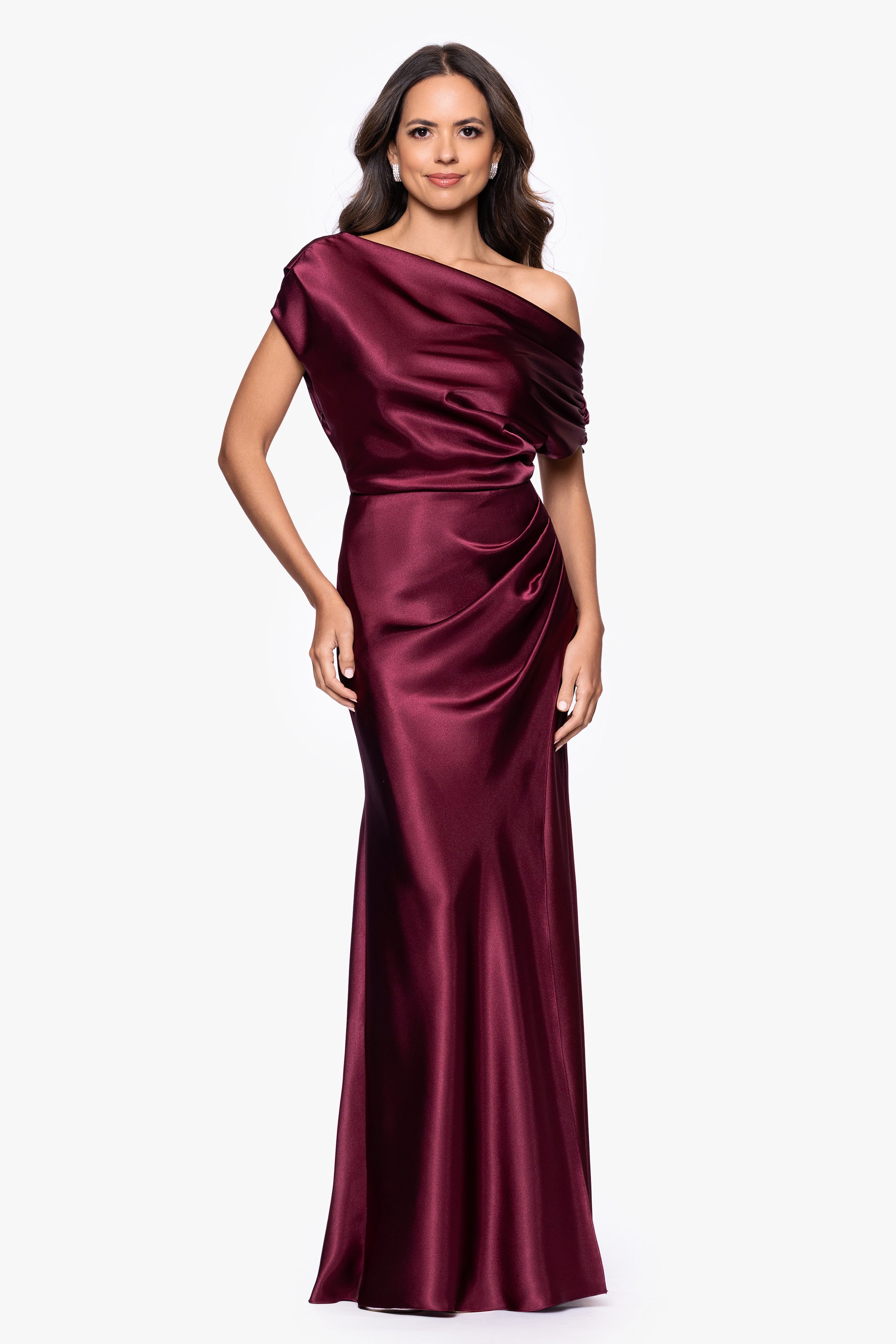 Petite "Sofia" Satin Drop Shoulder Floor Length Dress