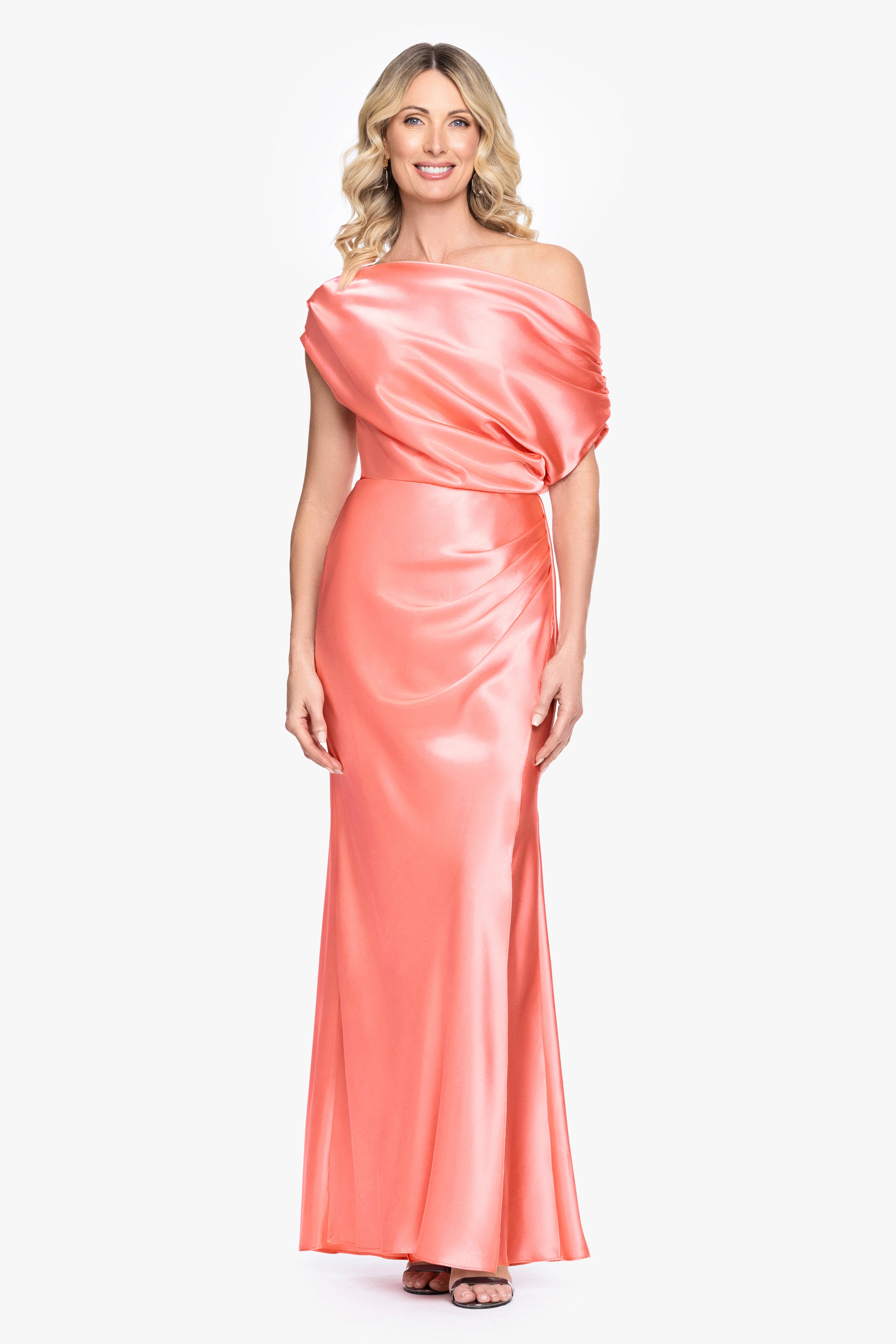 "Sofia" Satin Drop Shoulder Floor Length Dress