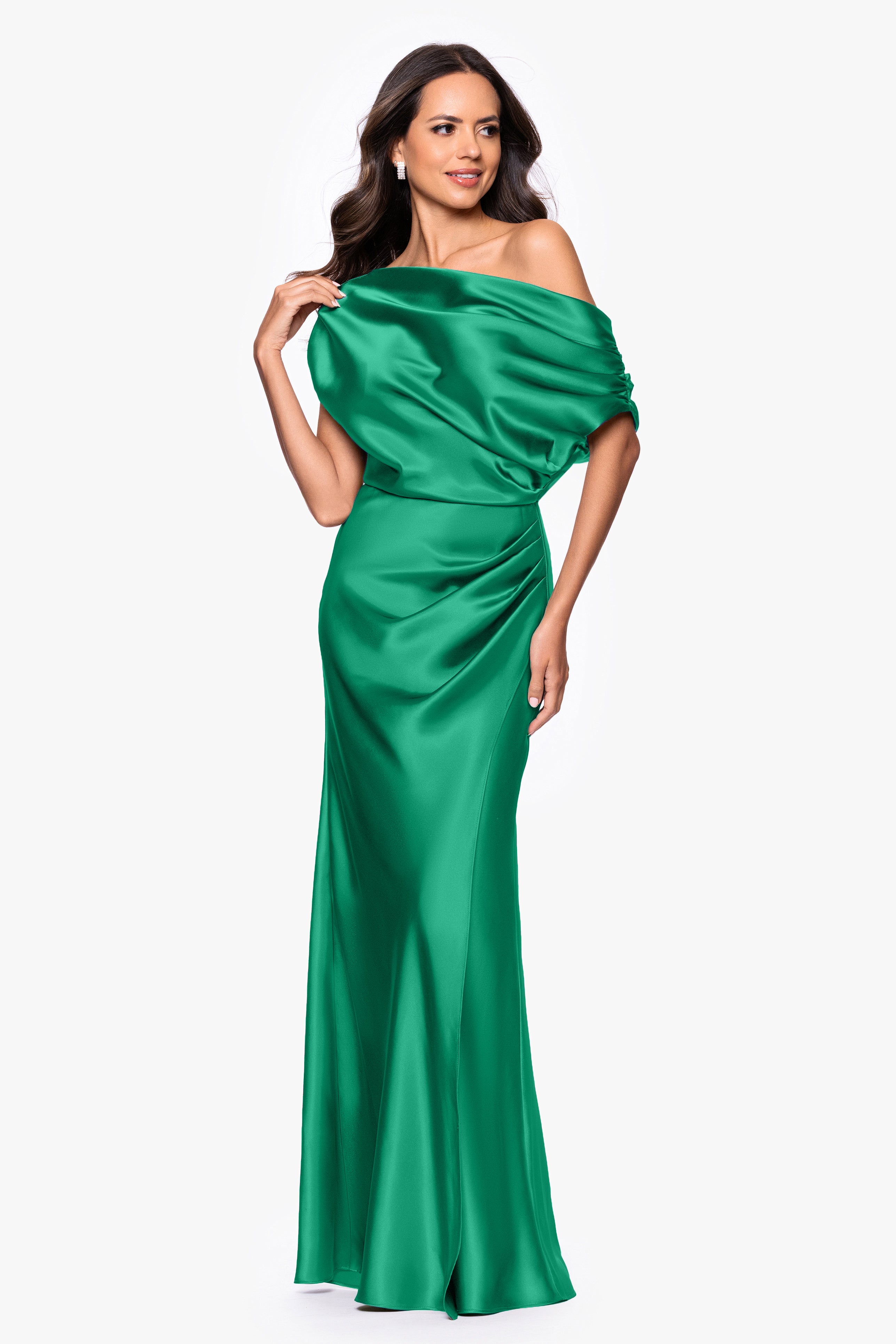 "Sofia" Satin Drop Shoulder Floor Length Dress