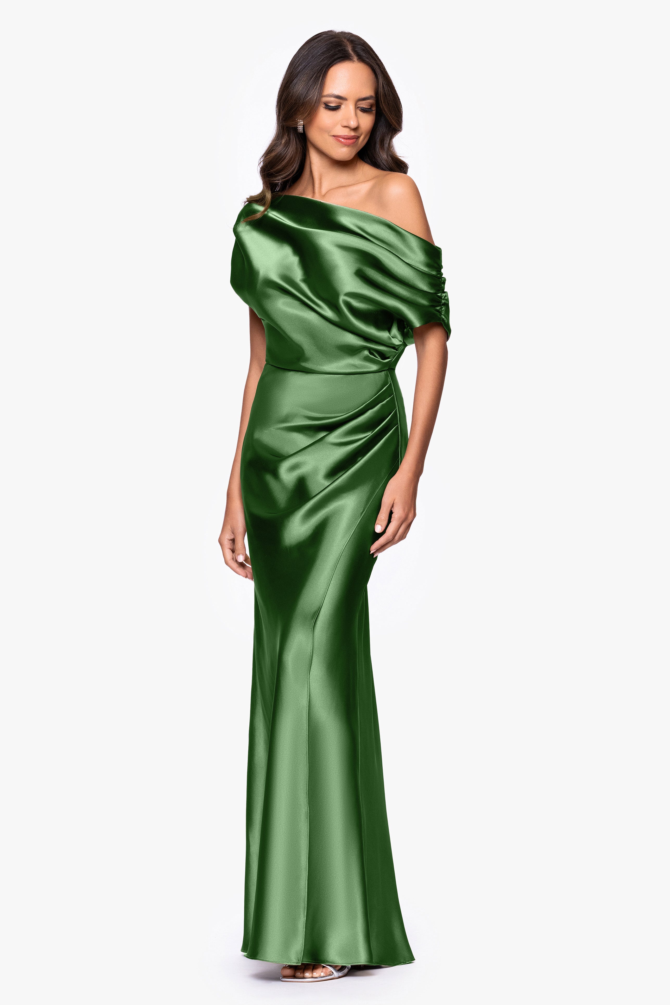 Petite "Sofia" Satin Drop Shoulder Floor Length Dress