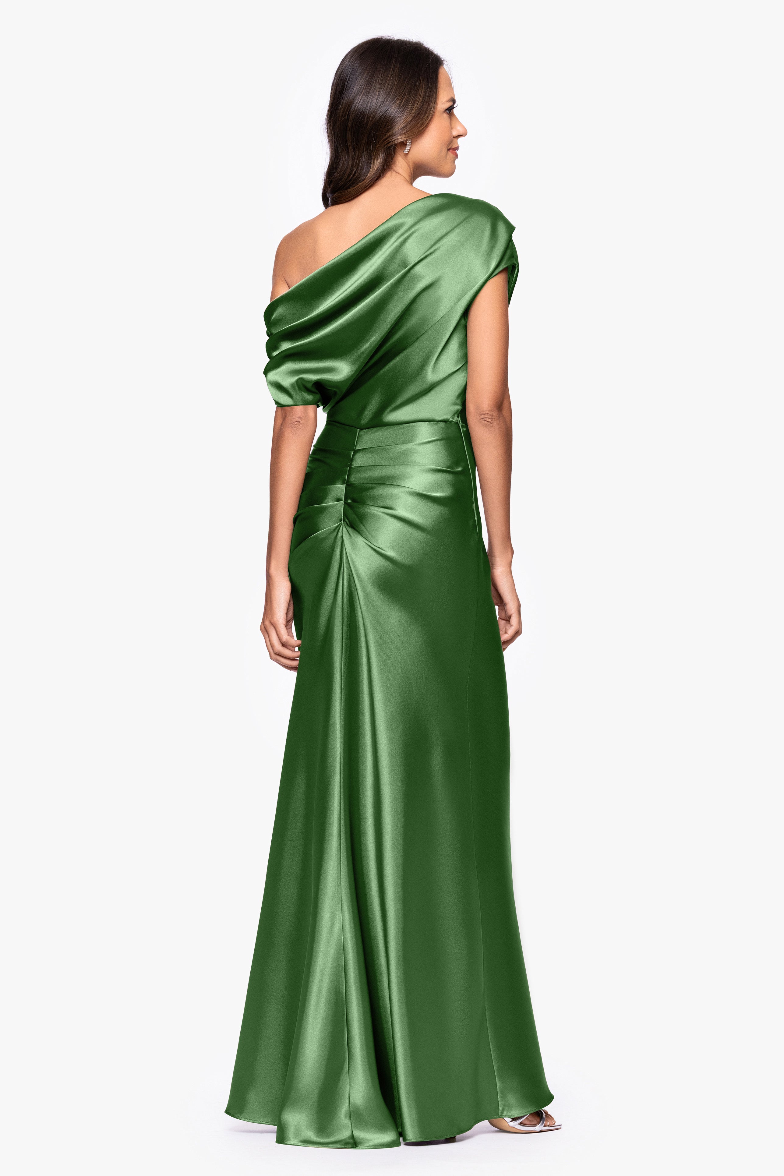 Petite "Sofia" Satin Drop Shoulder Floor Length Dress