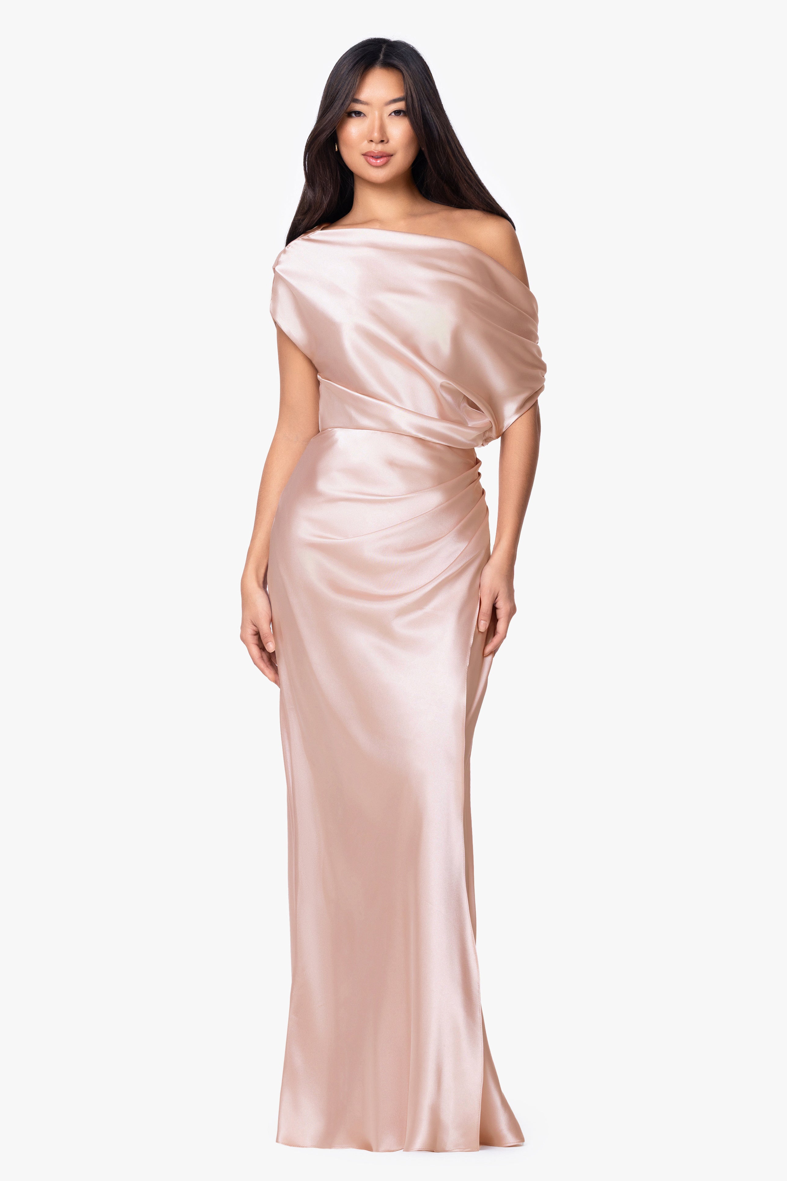"Sofia" Satin Drop Shoulder Floor Length Dress