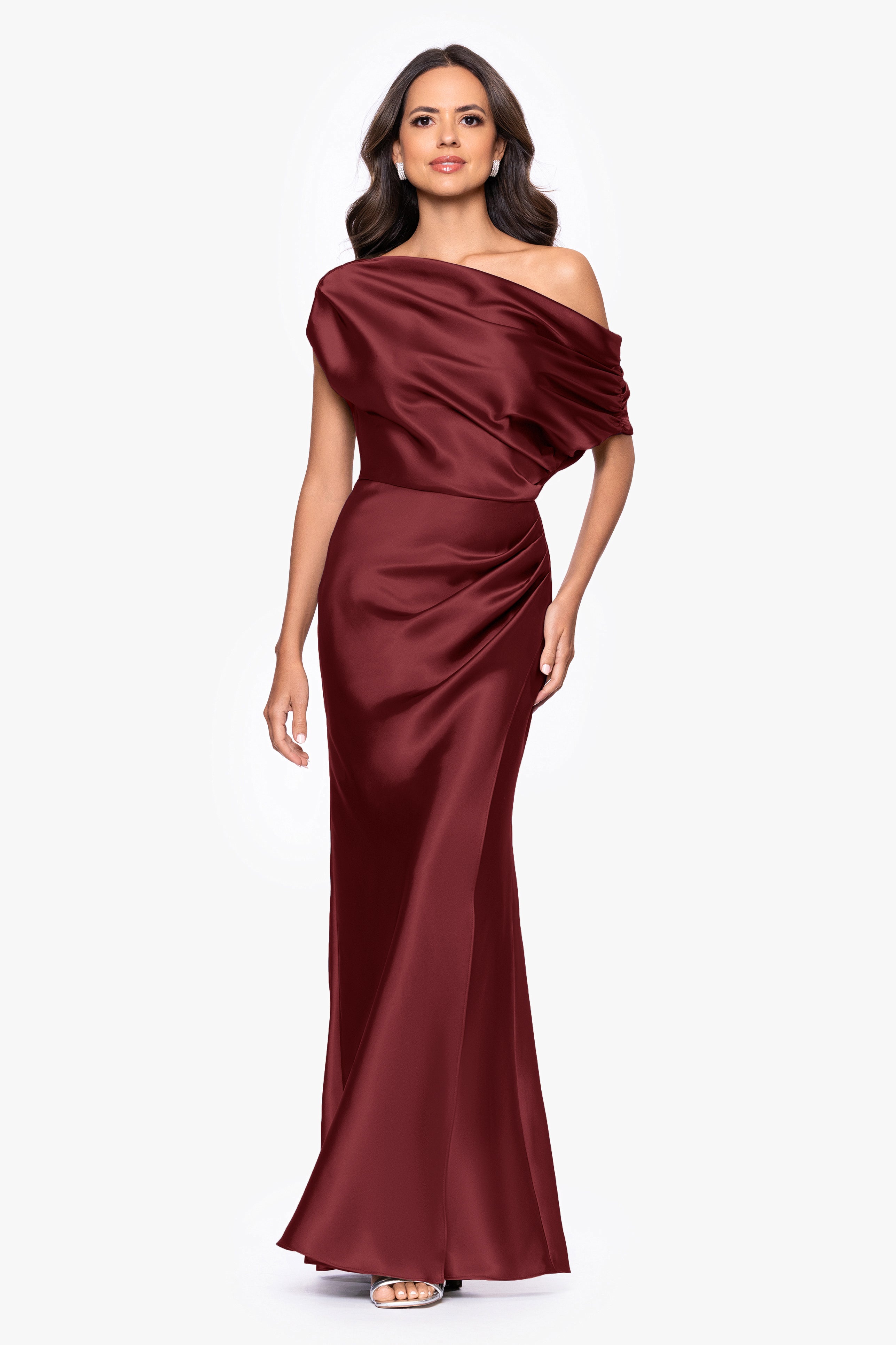 "Sofia" Satin Drop Shoulder Floor Length Dress
