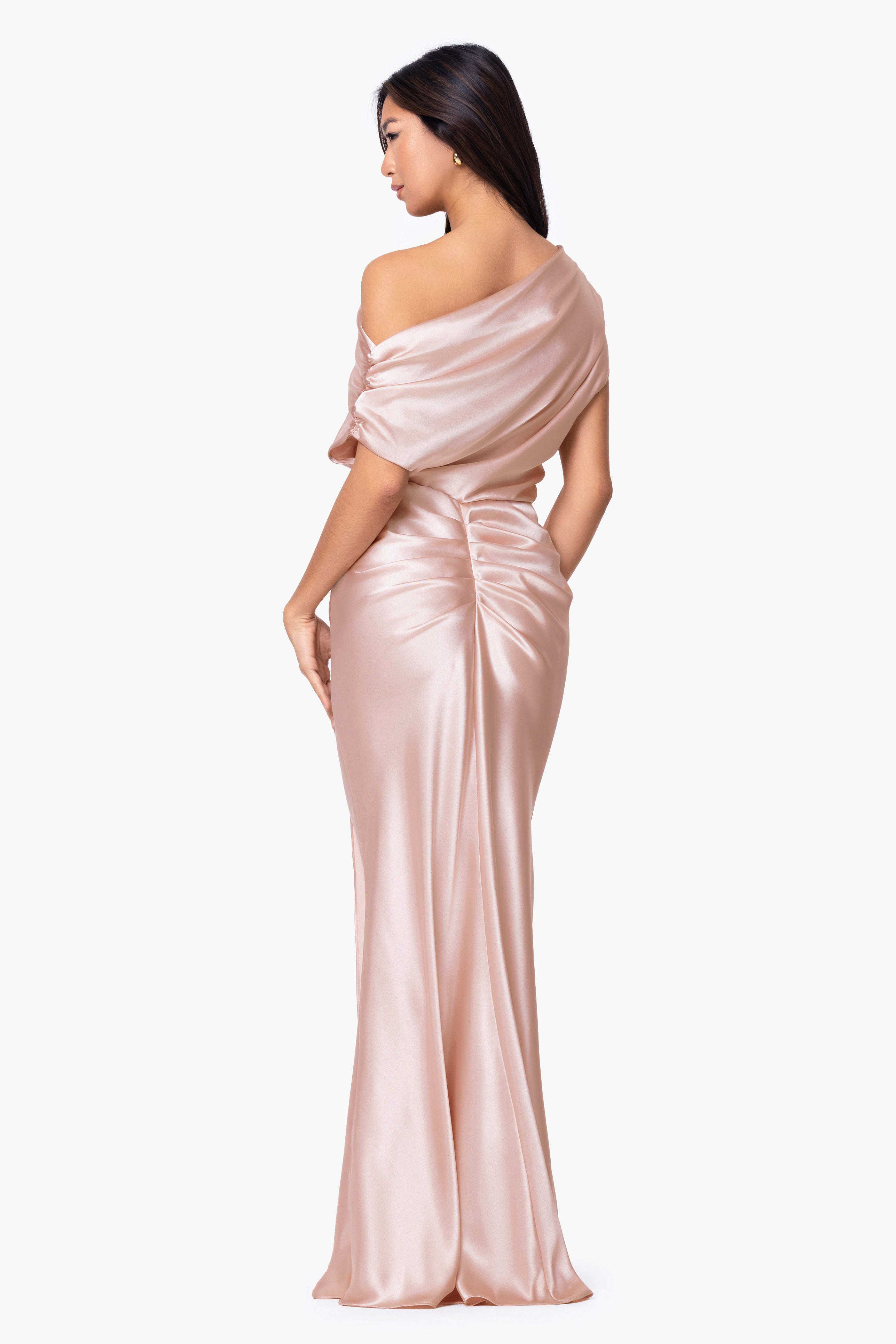 "Sofia" Satin Drop Shoulder Floor Length Dress
