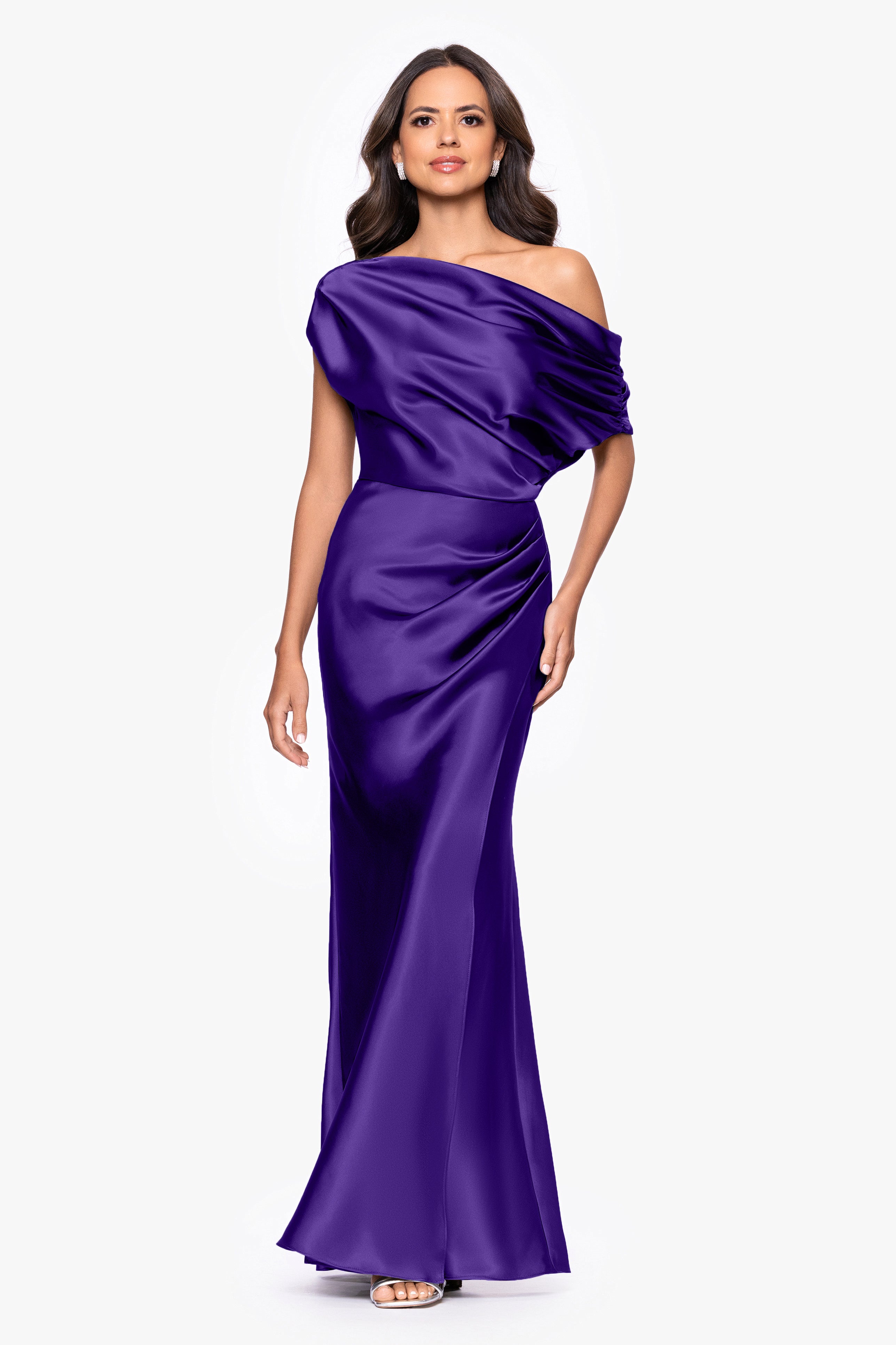 "Sofia" Satin Drop Shoulder Floor Length Dress