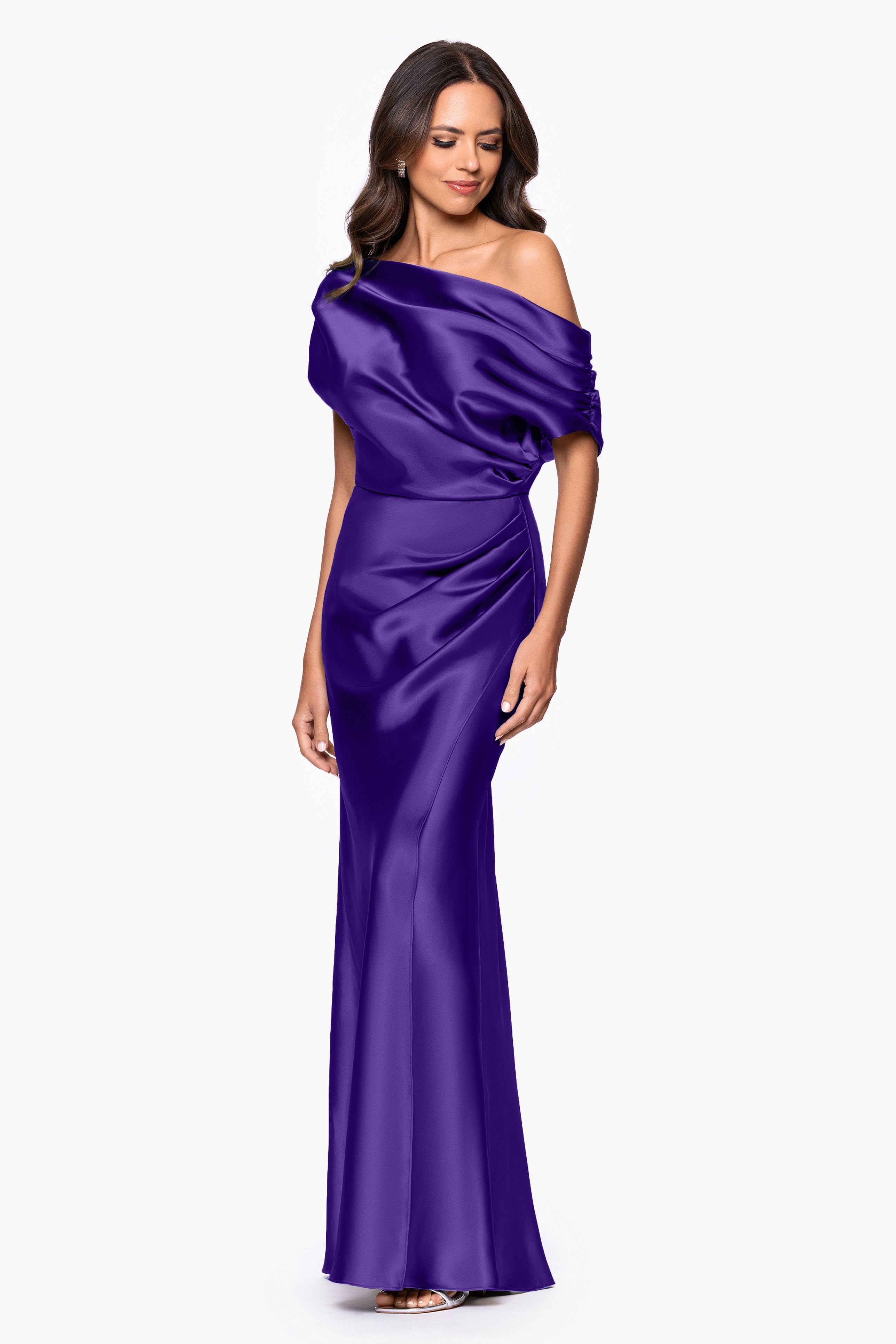 "Sofia" Satin Drop Shoulder Floor Length Dress