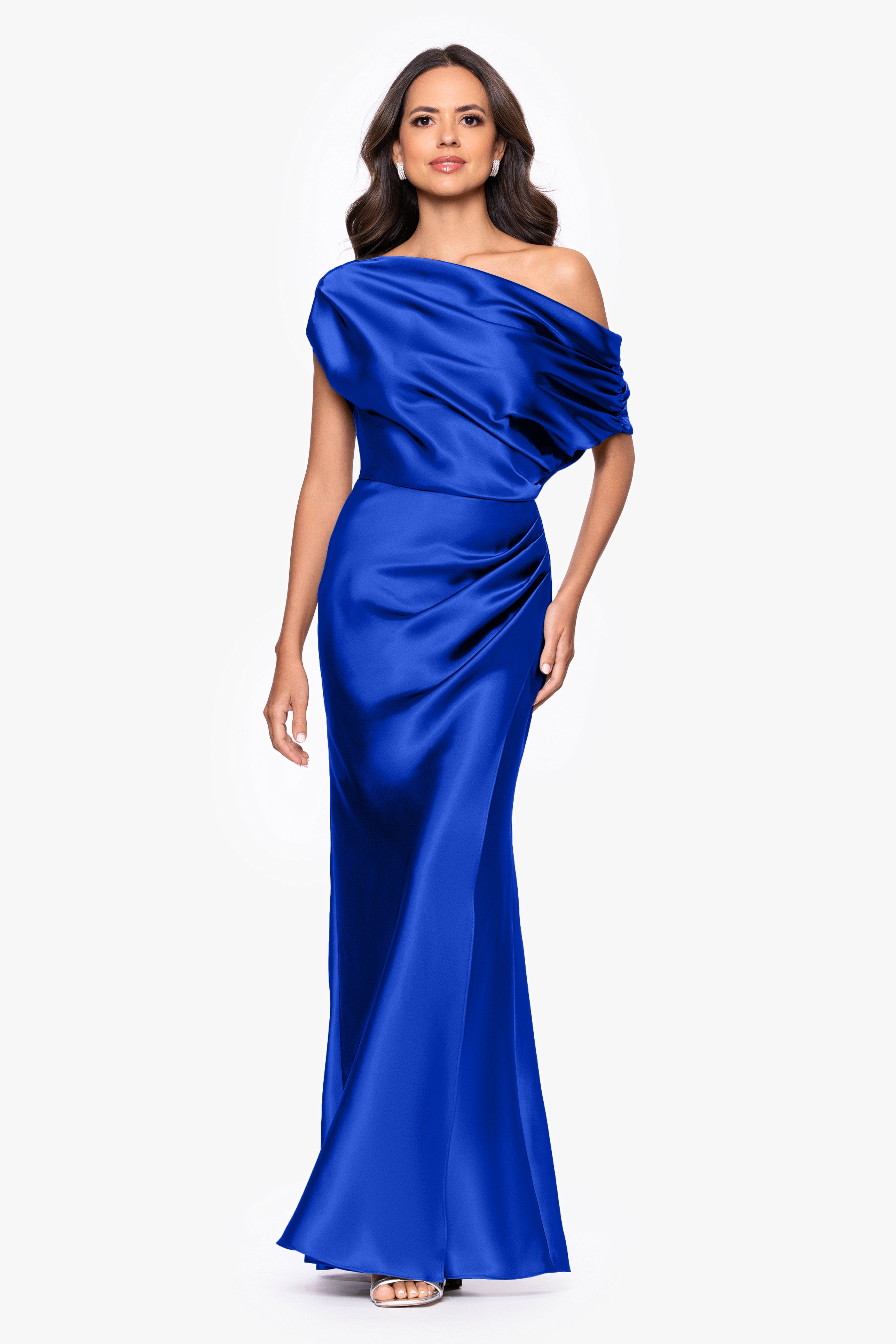 "Sofia" Satin Drop Shoulder Floor Length Dress