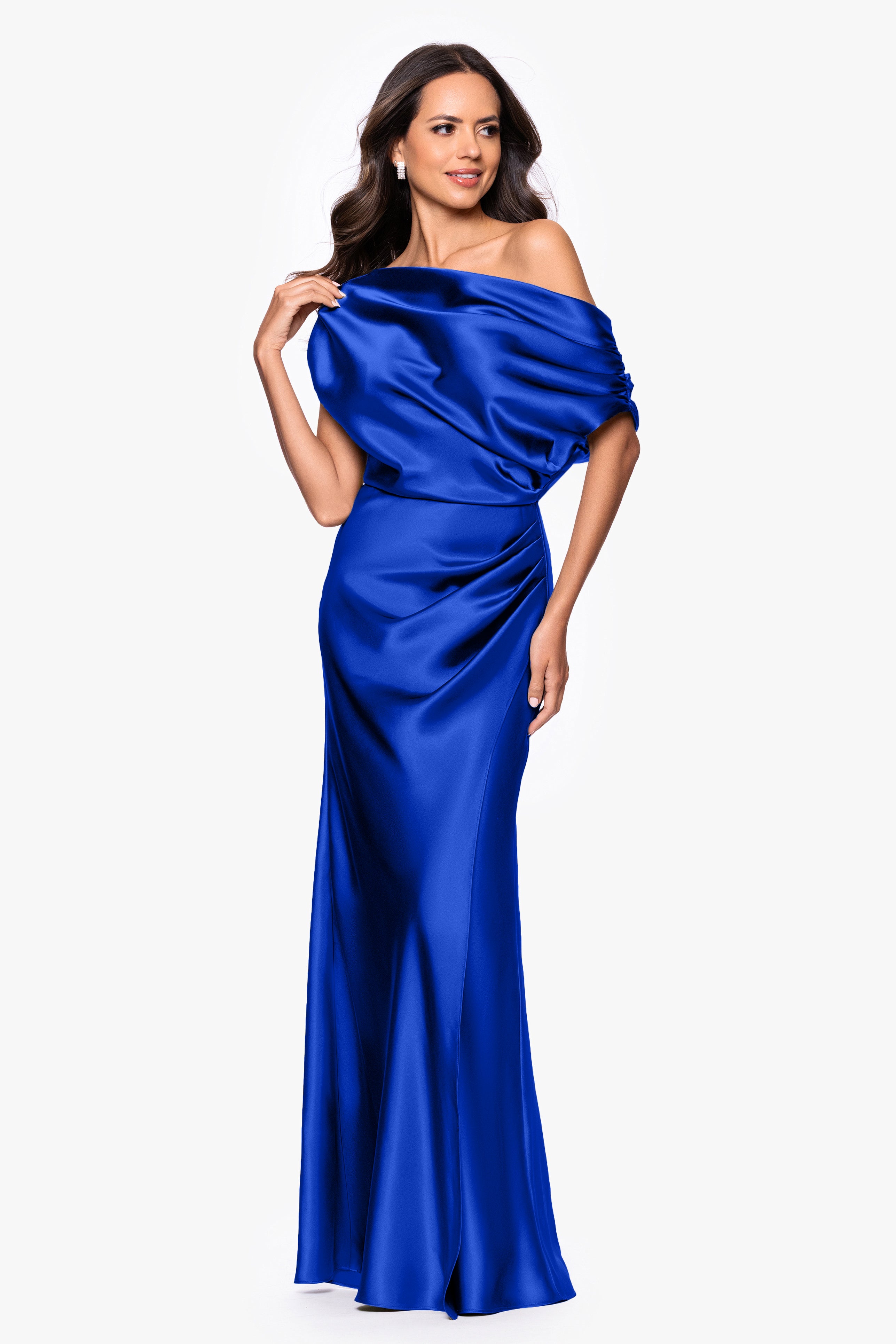 "Sofia" Satin Drop Shoulder Floor Length Dress