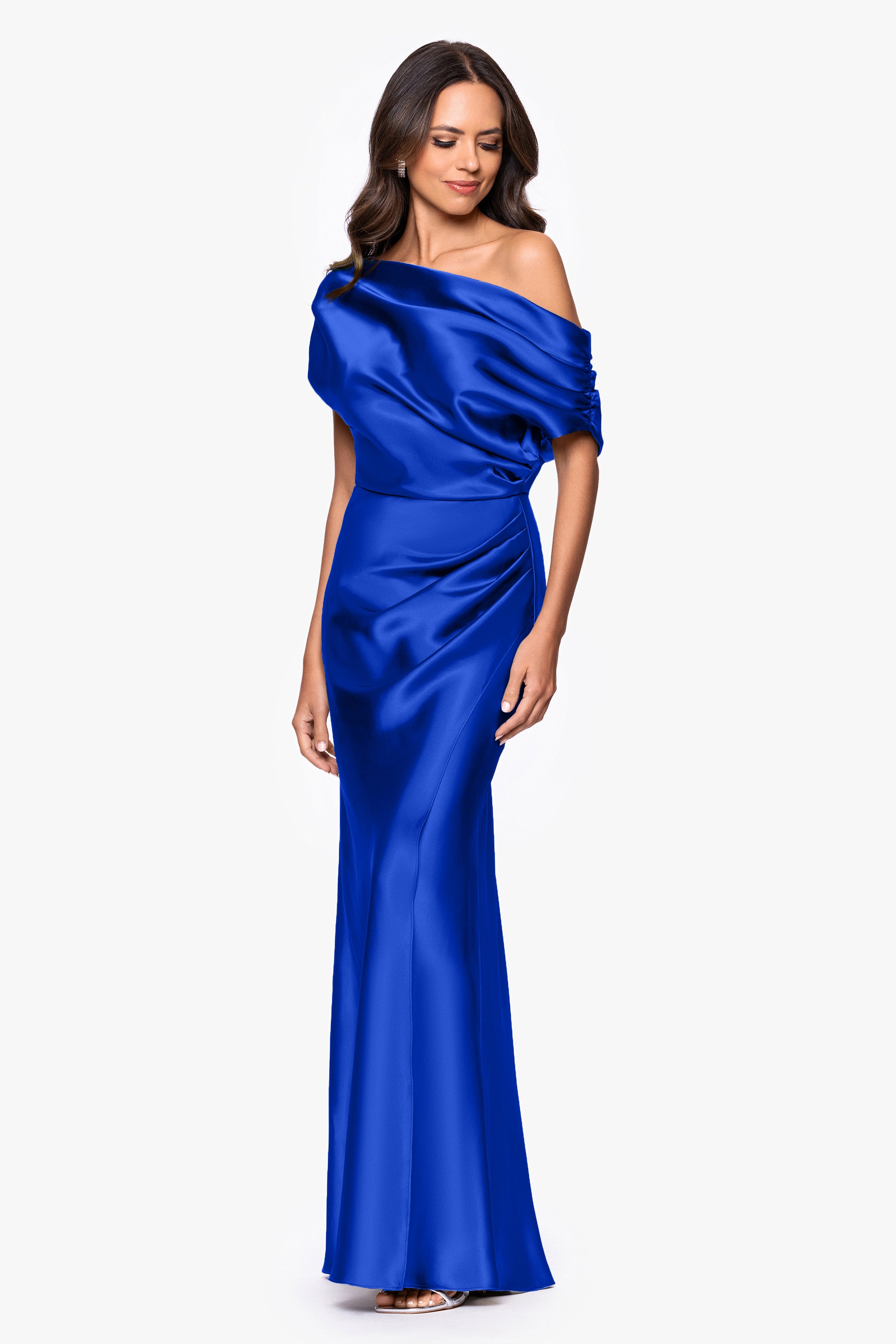 "Sofia" Satin Drop Shoulder Floor Length Dress