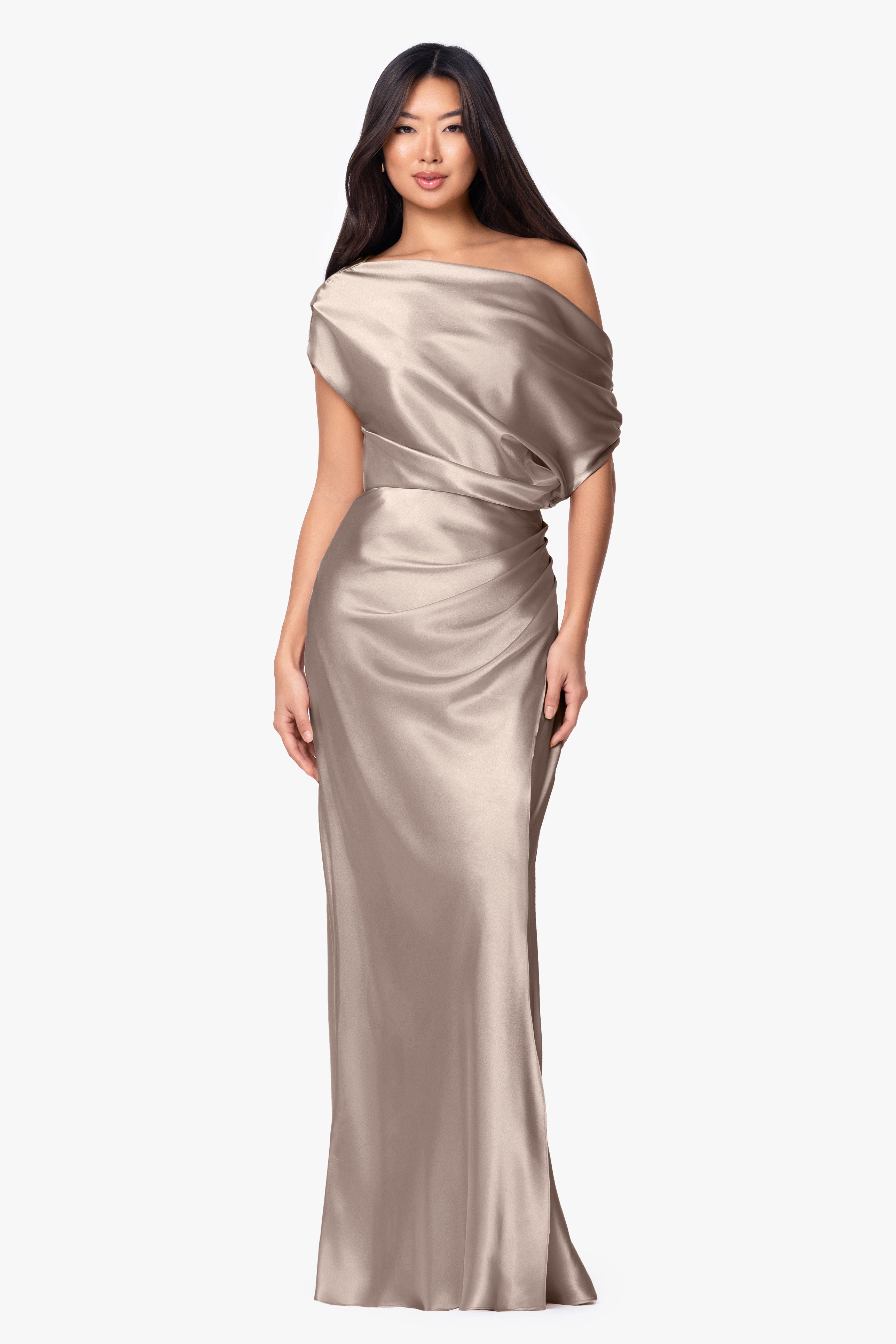 "Sofia" Satin Drop Shoulder Floor Length Dress
