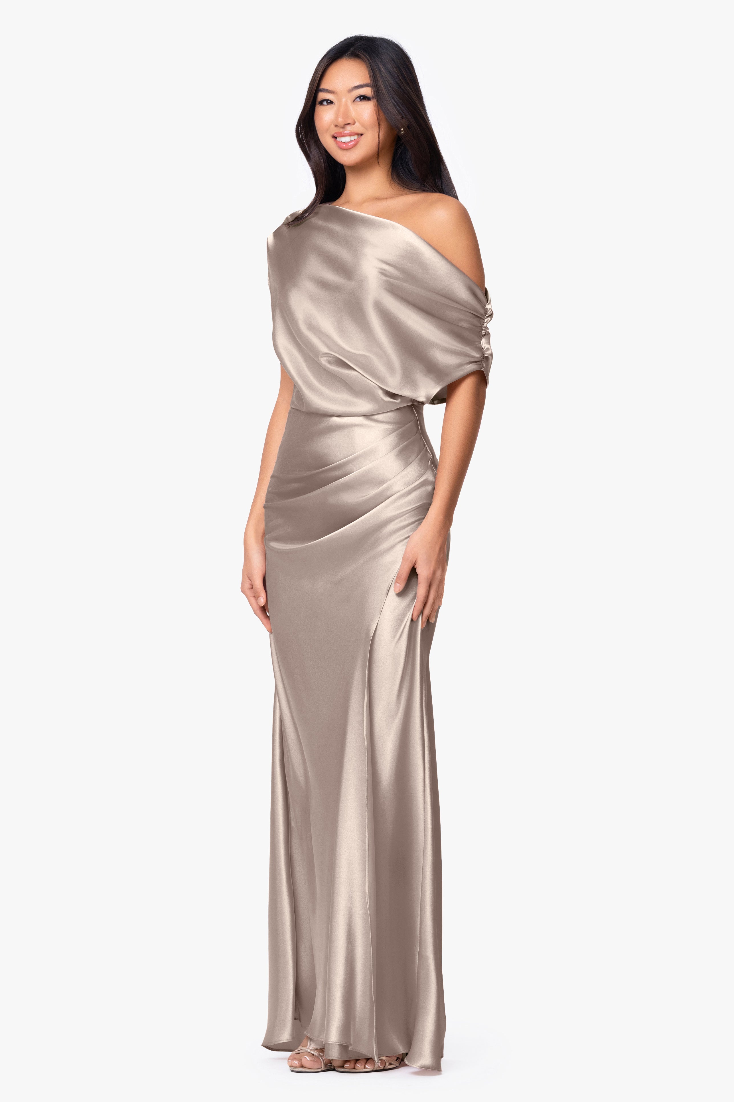 "Sofia" Satin Drop Shoulder Floor Length Dress