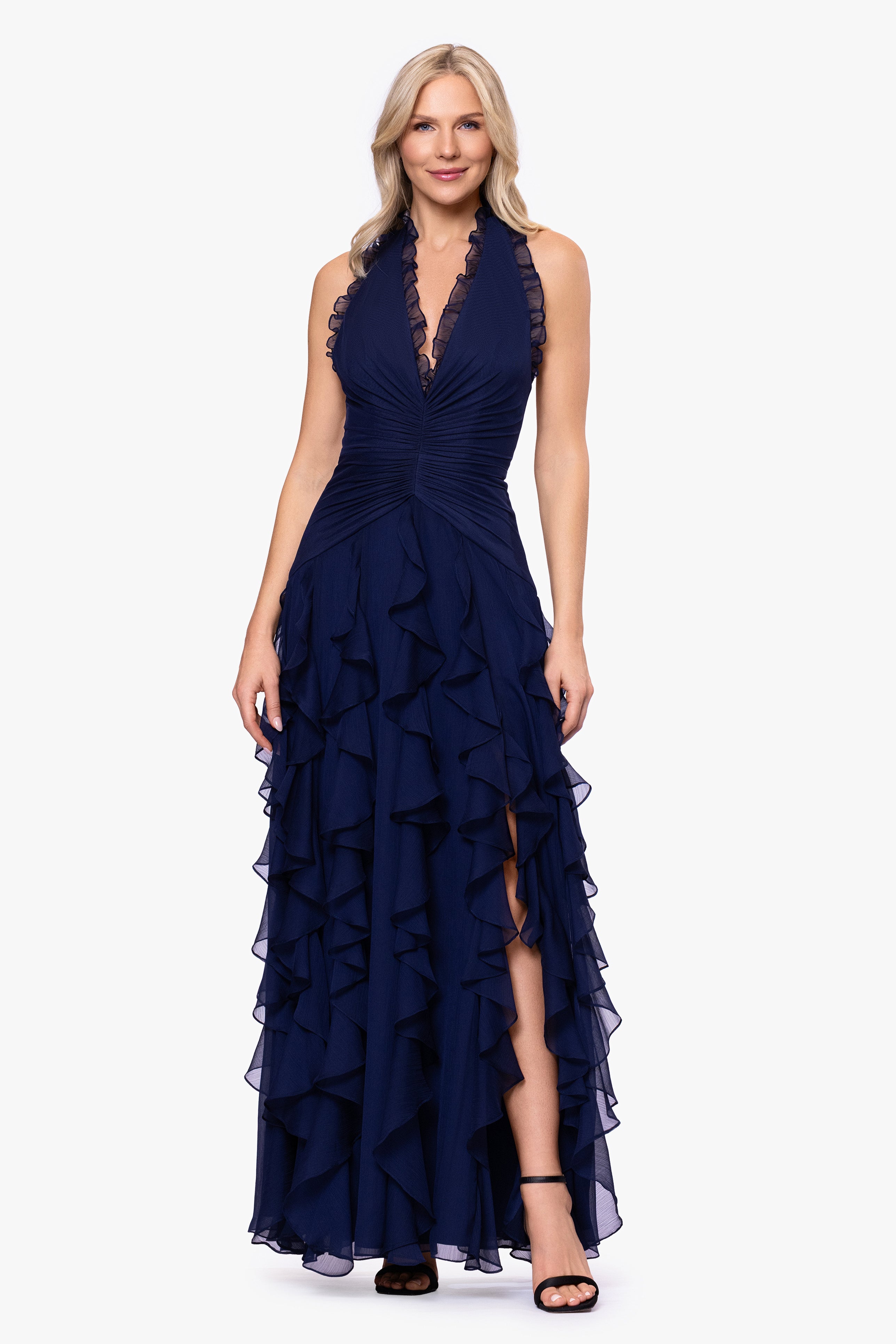 "Noor" Sheer Matte Jersey V-Neck Corkscrew Skirt Floor Length Dress