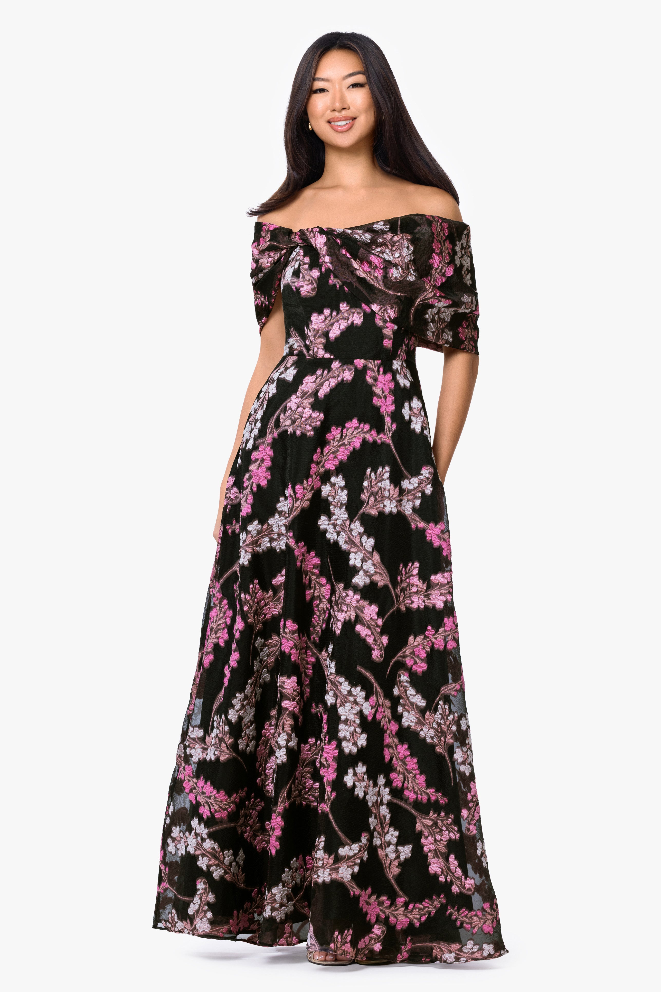 "Amirah" Organza Brocade Off The Shoulder Twist Neck Long Dress