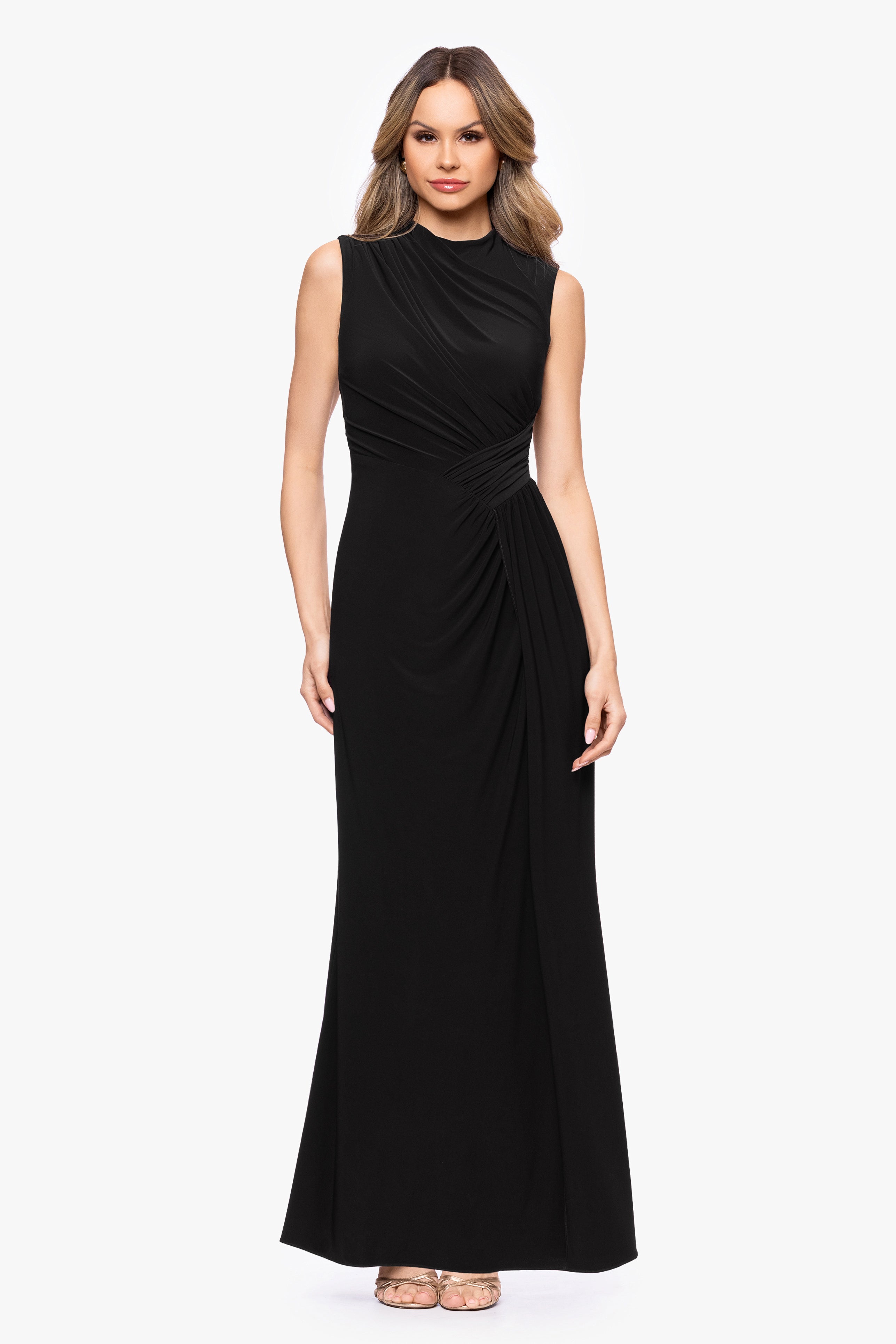 "Perry" Jersey Knit Rouched Floor Length Dress