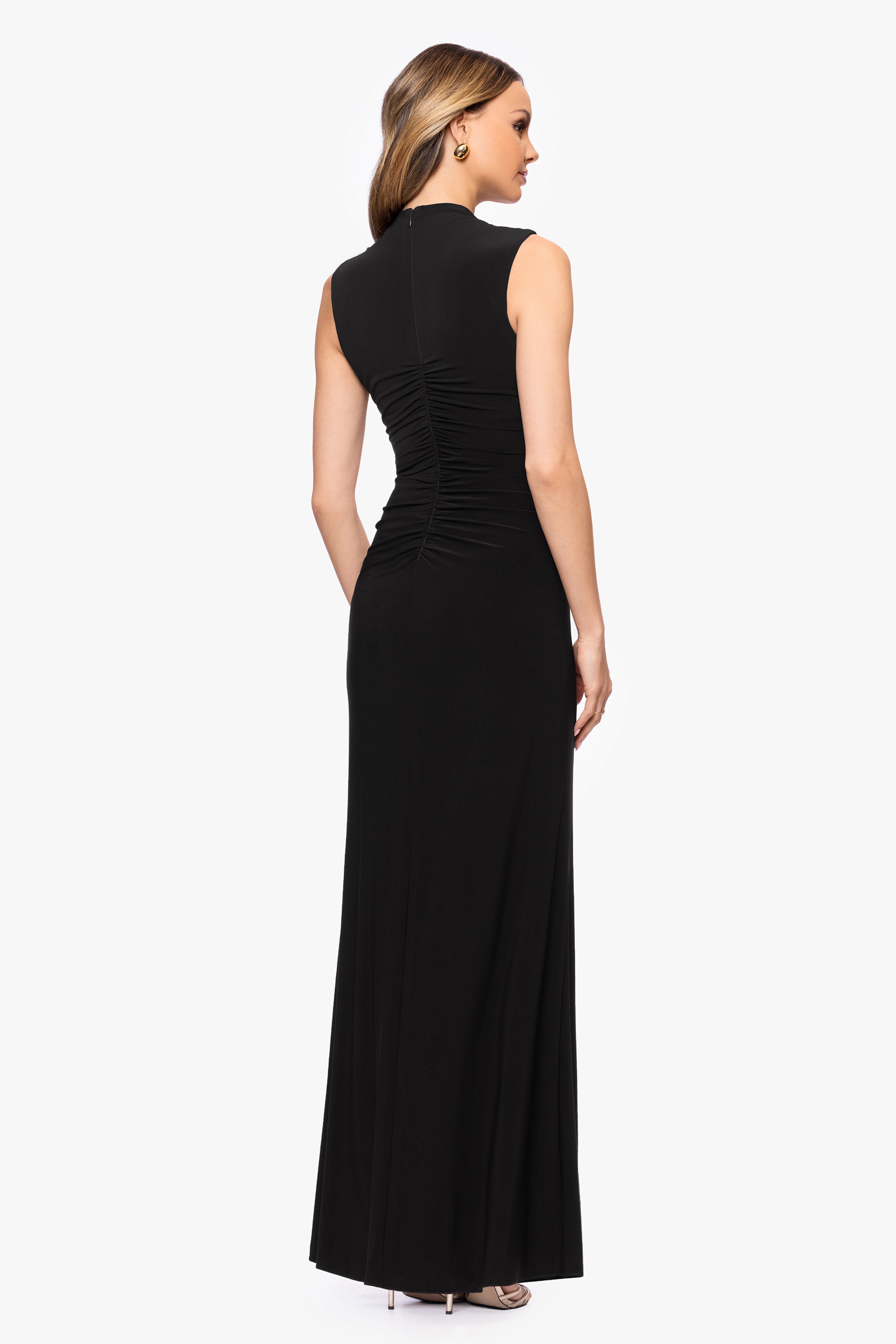 "Perry" Jersey Knit Rouched Floor Length Dress