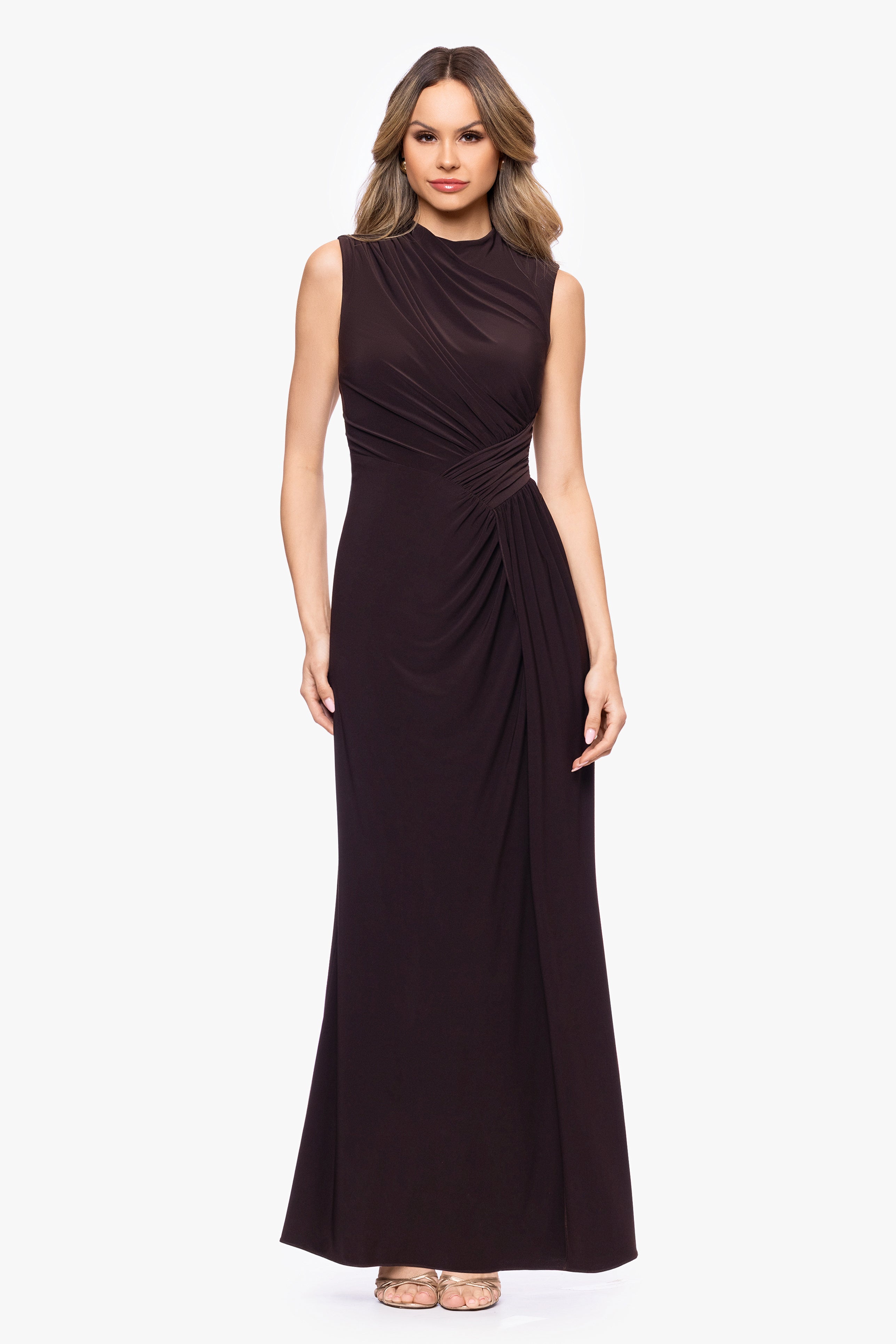 "Perry" Jersey Knit Rouched Floor Length Dress