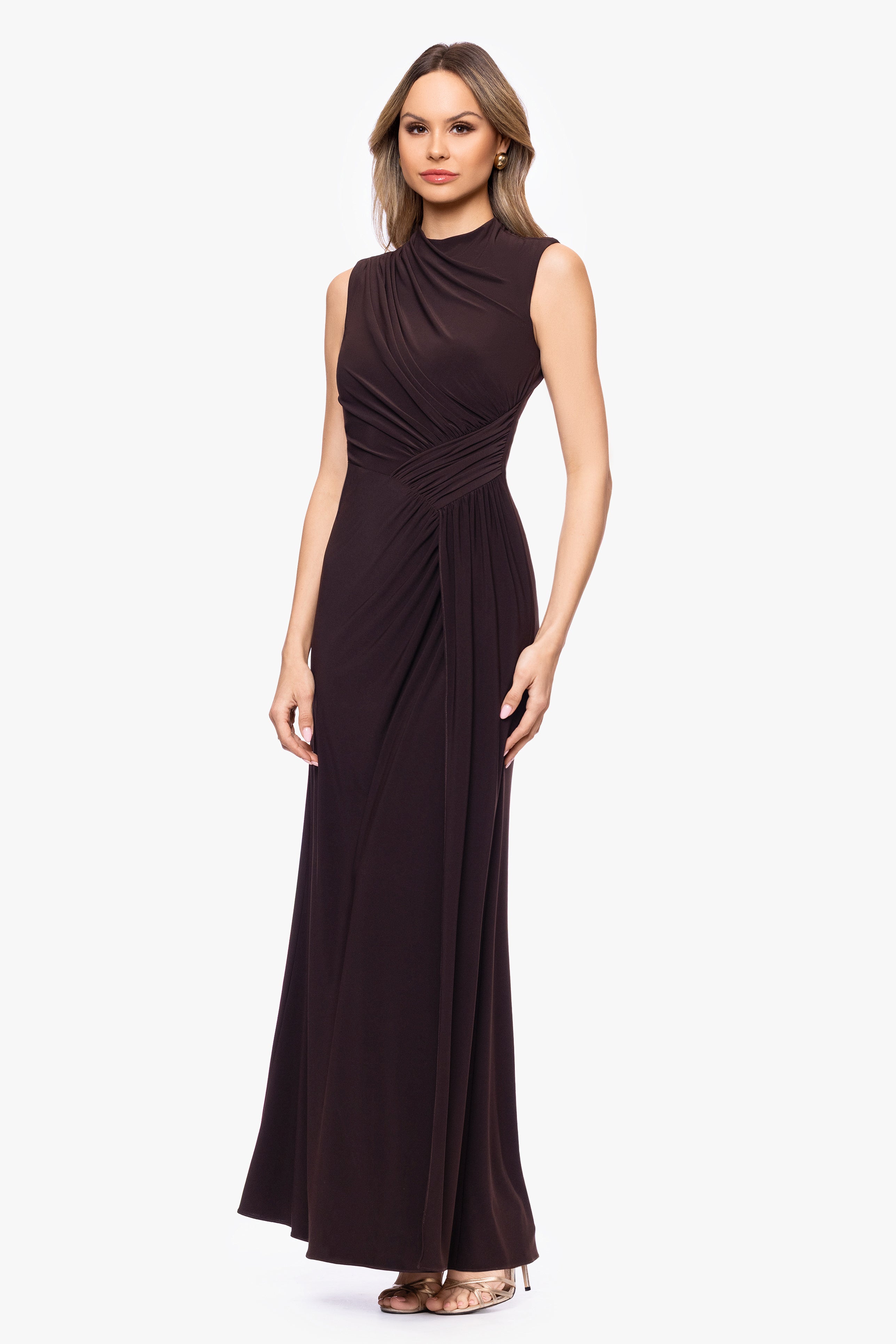 "Perry" Jersey Knit Rouched Floor Length Dress