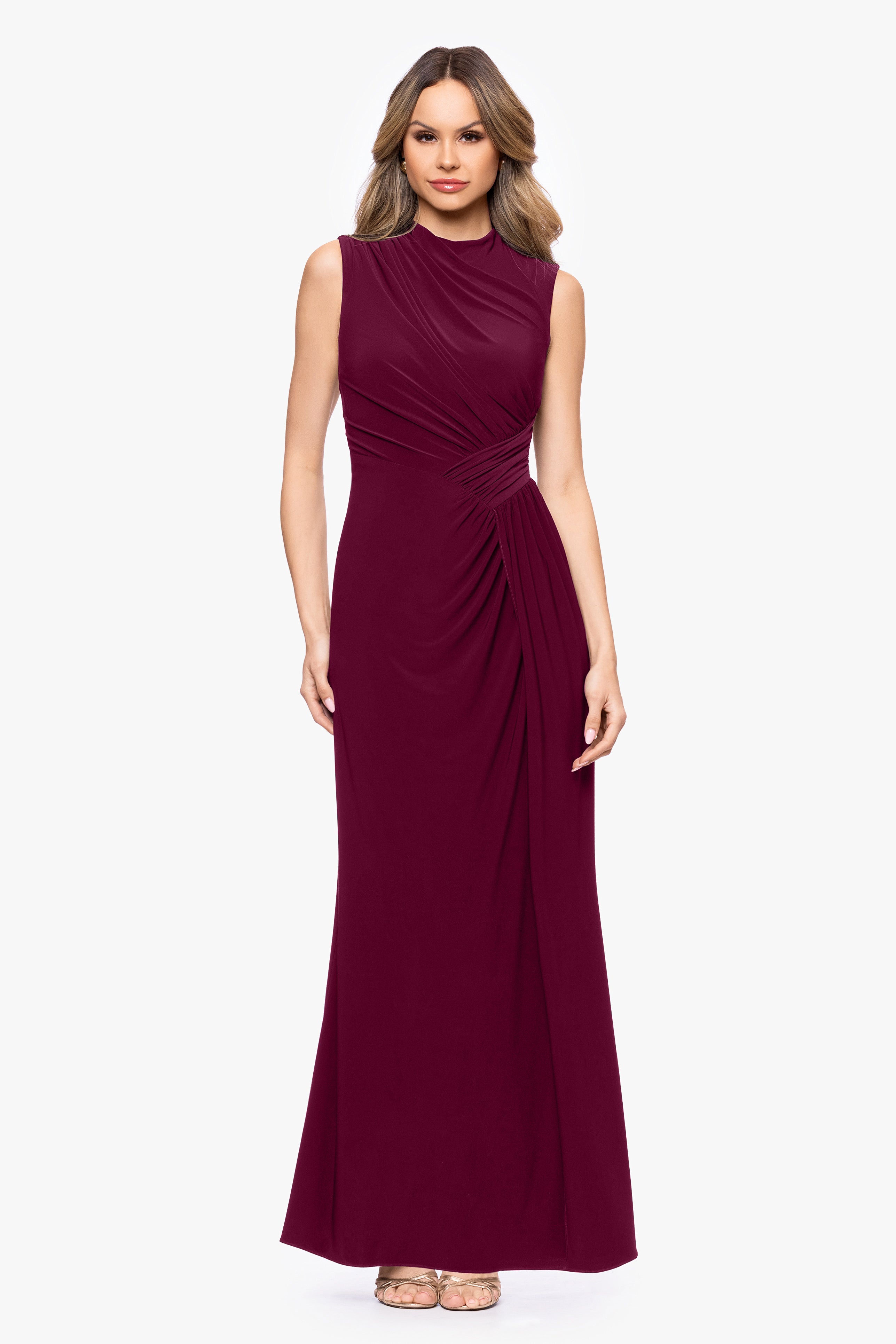 "Perry" Jersey Knit Rouched Floor Length Dress