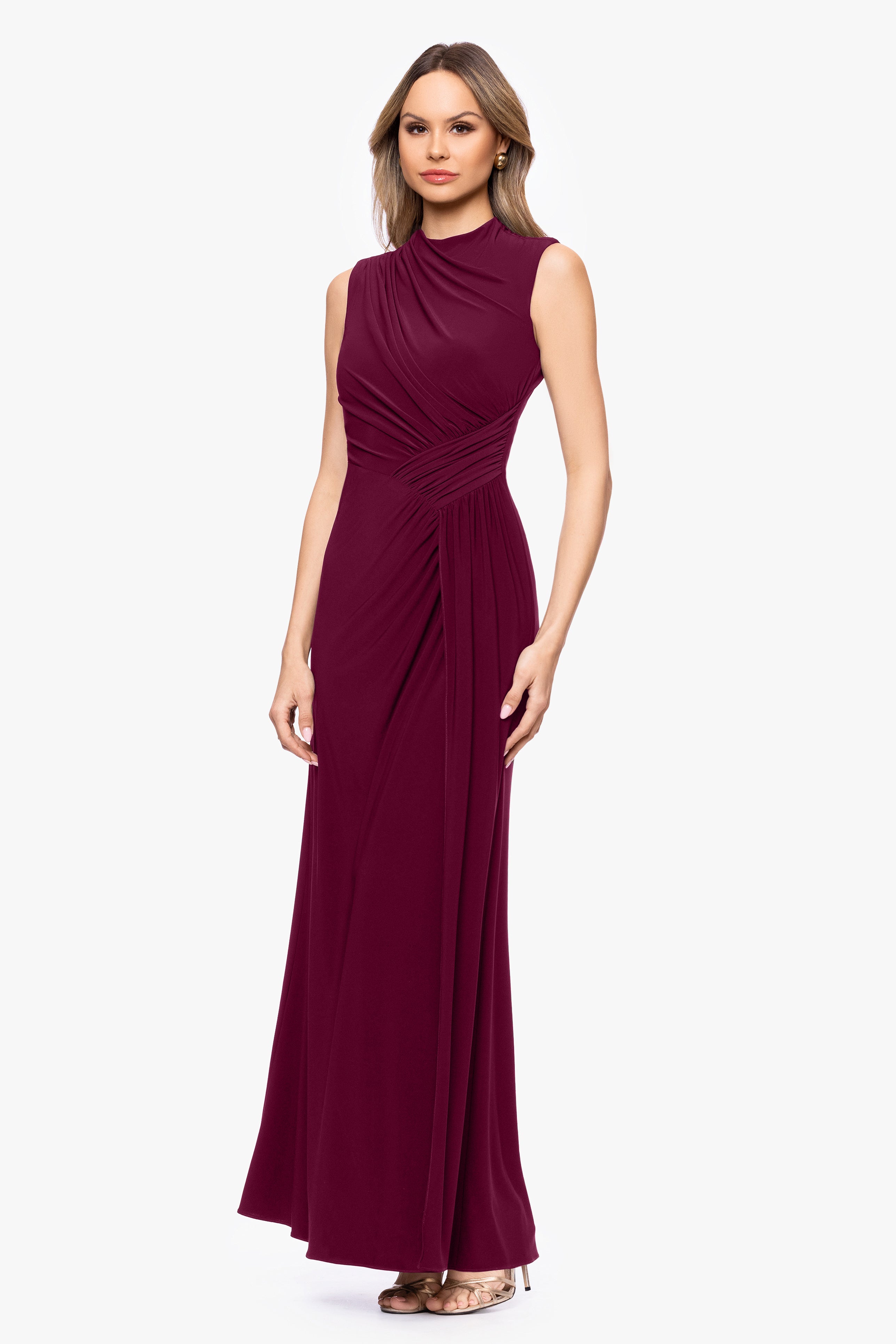 "Perry" Jersey Knit Rouched Floor Length Dress