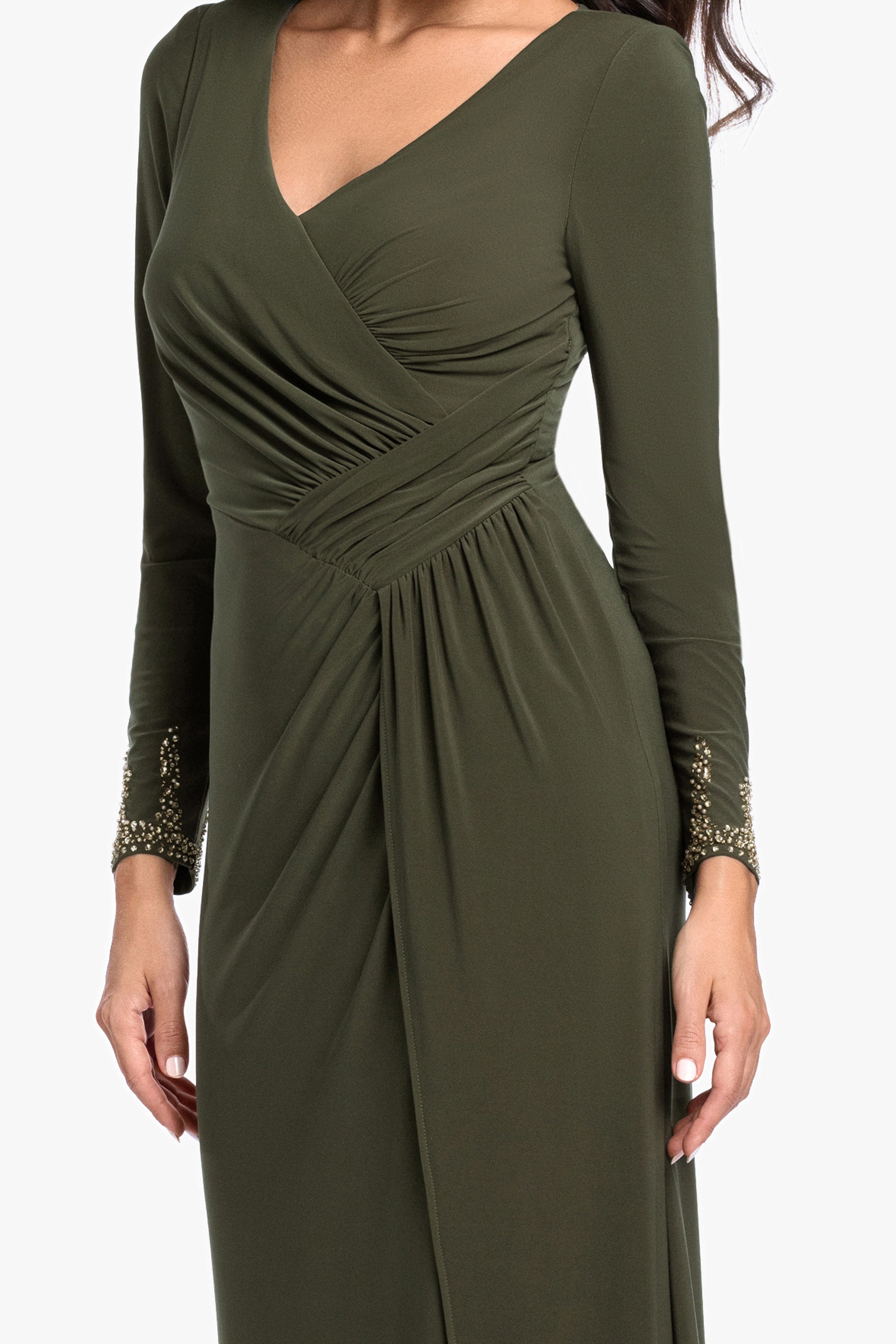 "Taryn" Jersey Knit V-Neck Beaded Long Sleeve Dress