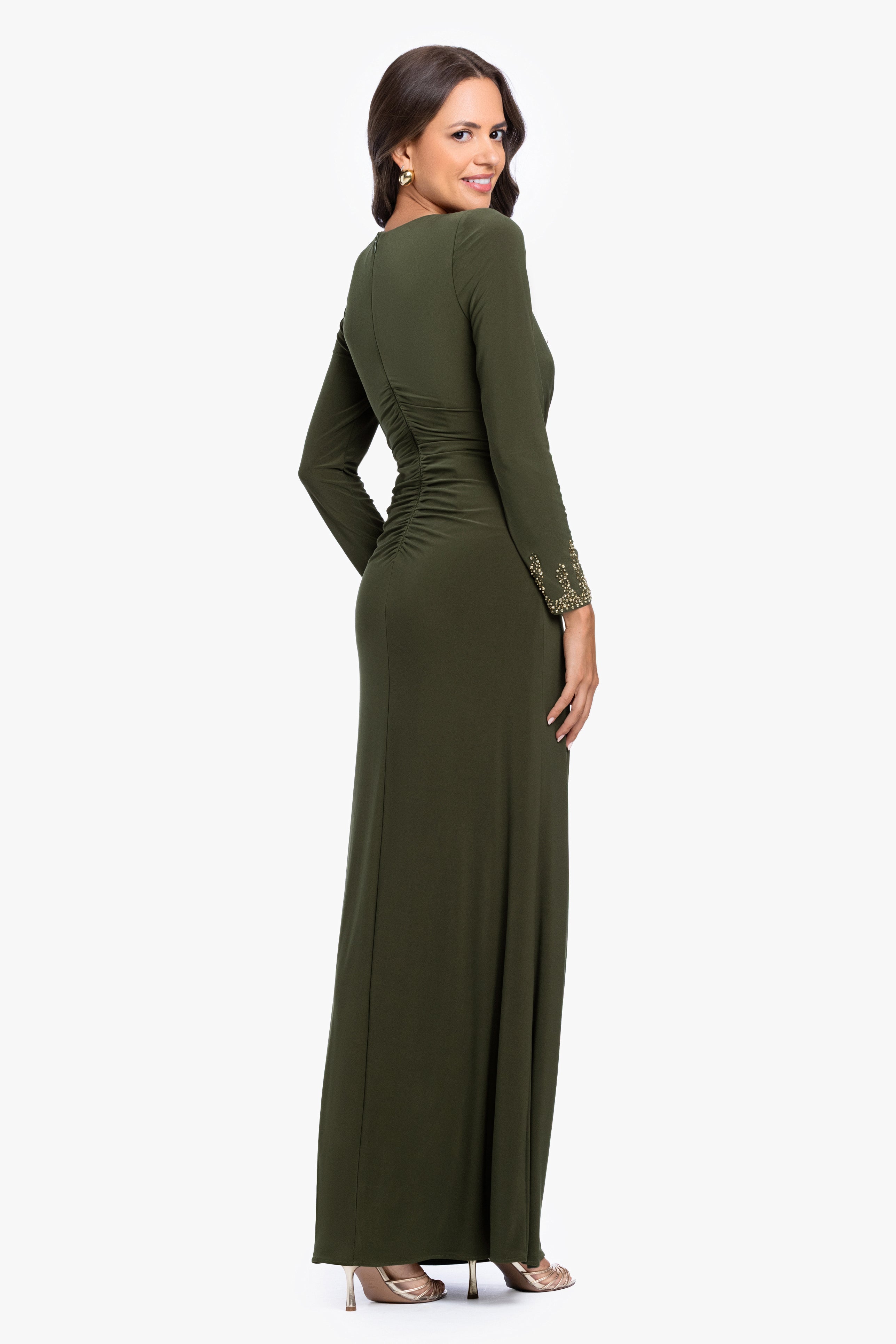 "Taryn" Jersey Knit V-Neck Beaded Long Sleeve Dress